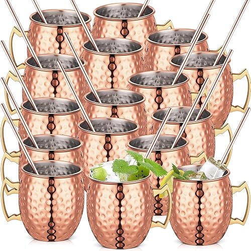 16 paquetes de tazas Moscow Mule de 18 onzas de acero inoxidable de oro rosa con pajitas lacadas con acabado martillado para amigos, familia, seres