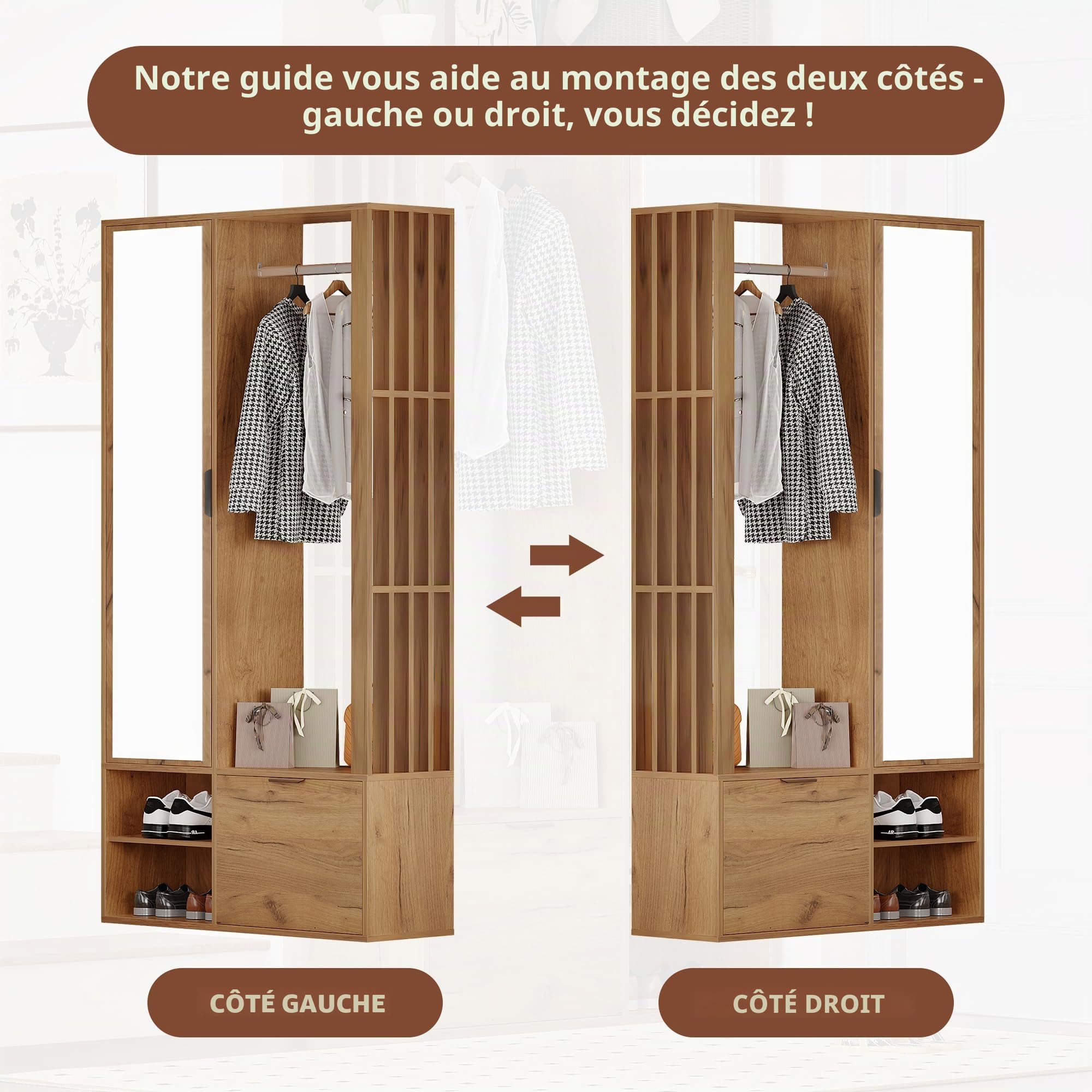 Merax - Armoire de couloir moderne 100x33x190 cm – Meuble de couloir 6-en-1 avec miroir, armoire à chaussures, porte-vêtements ouvert, étagère et banc – Armoire en bois pour l'entrée et le couloir