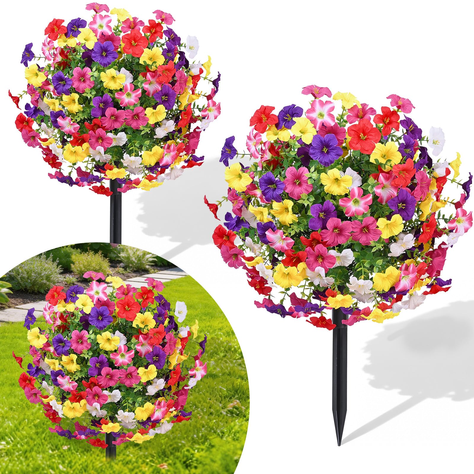 View 1 of 23" Artificial Boxwood Topiary Ball Trees with Petunias Flowers, Set of 2 Faux Outdoor Plants with Ground Spike for Outdoors, UV Resistant Fake Flowers for Outdoor Garden Yard Front Porch Patio Decor