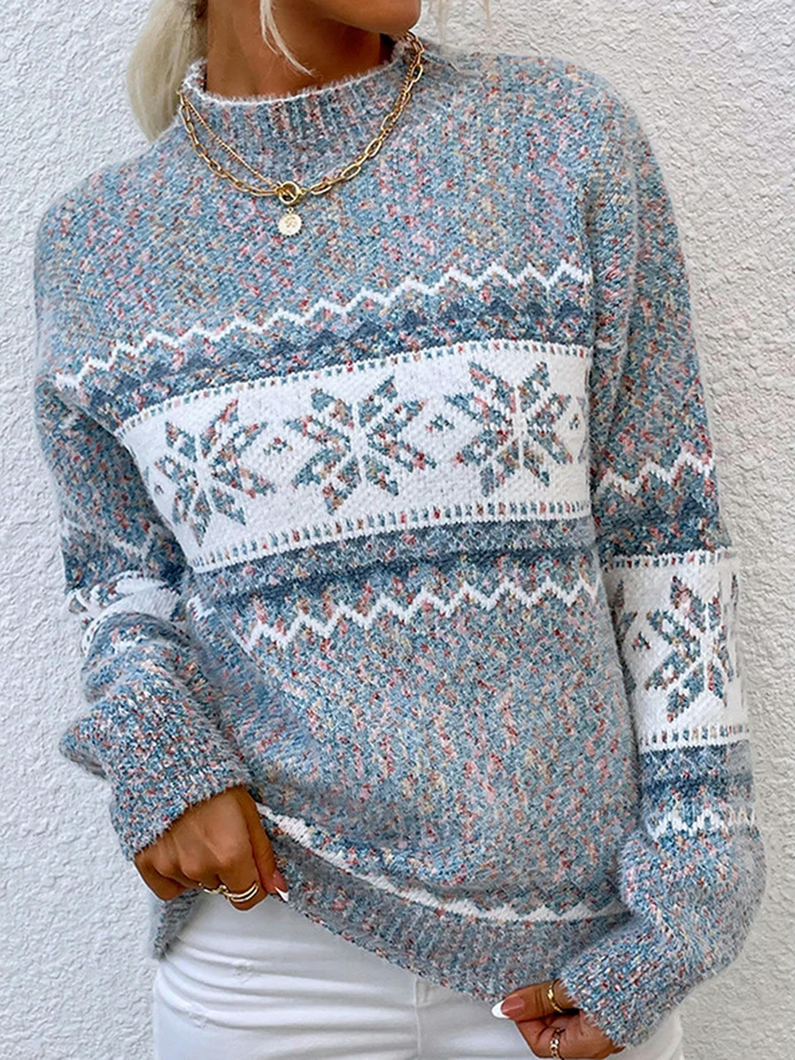 Maglione Natalizio Largo da Donna, con Stampa a Fiocchi di Neve, a ma Lunghe, con Collo Alto e Mezza Manica, Maglione Largo per Le Vacanze Invernali, Maglia Rosa-M