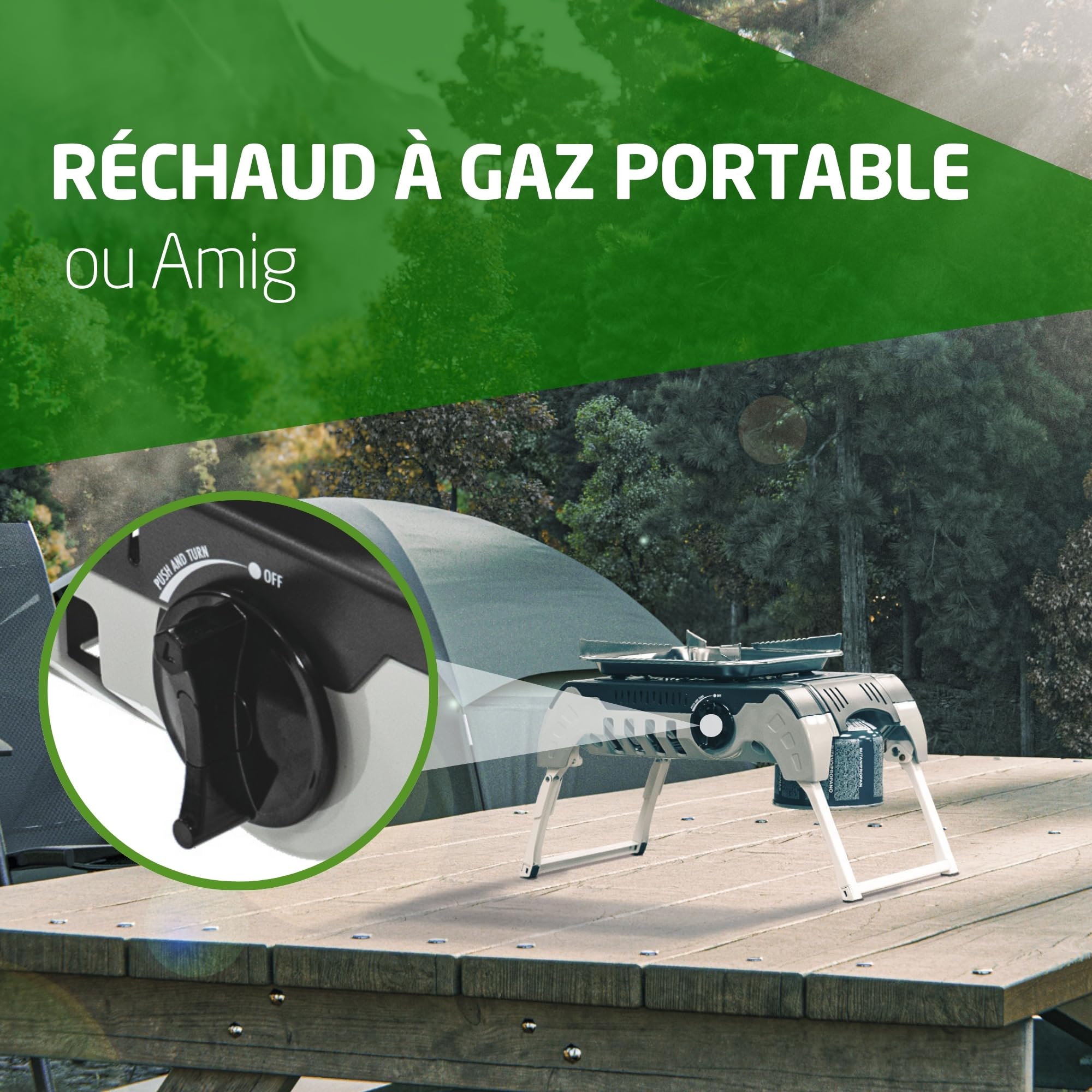 Amig – Camping Gas Möunt - Réchaud à Gaz Portable pour l’Extérieur – avec Support en Acier Inoxydable et Régulateur de Flamme – 2,4 kW de Puissance – Excursions et Camping – Certifié CE