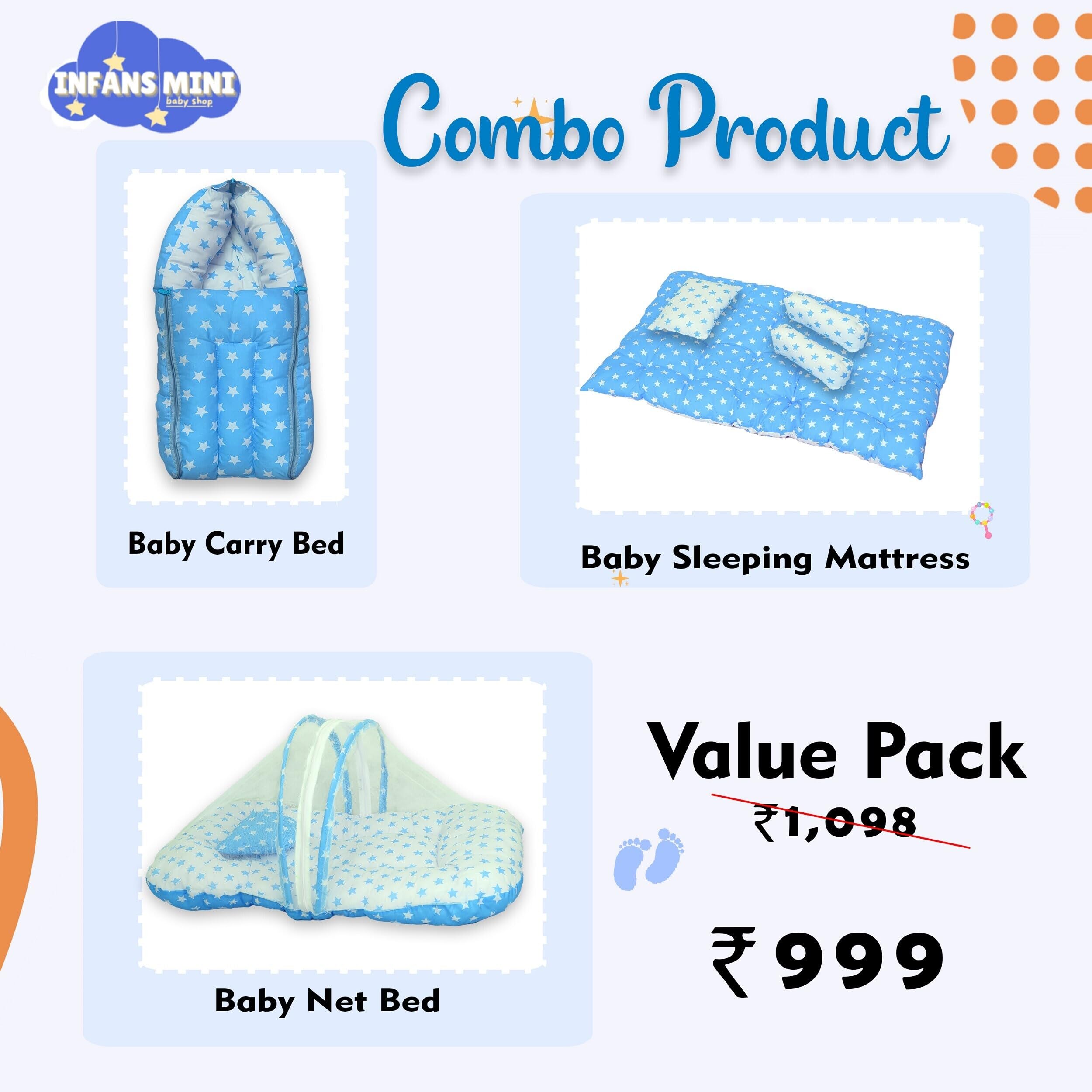Infans Mini Baby Bedding Set for New Born Baby Sleeping Bag, Mosquito Net Bed, Sleeping Mattress Suitable for 6 Months Babies (Star Blue) 4