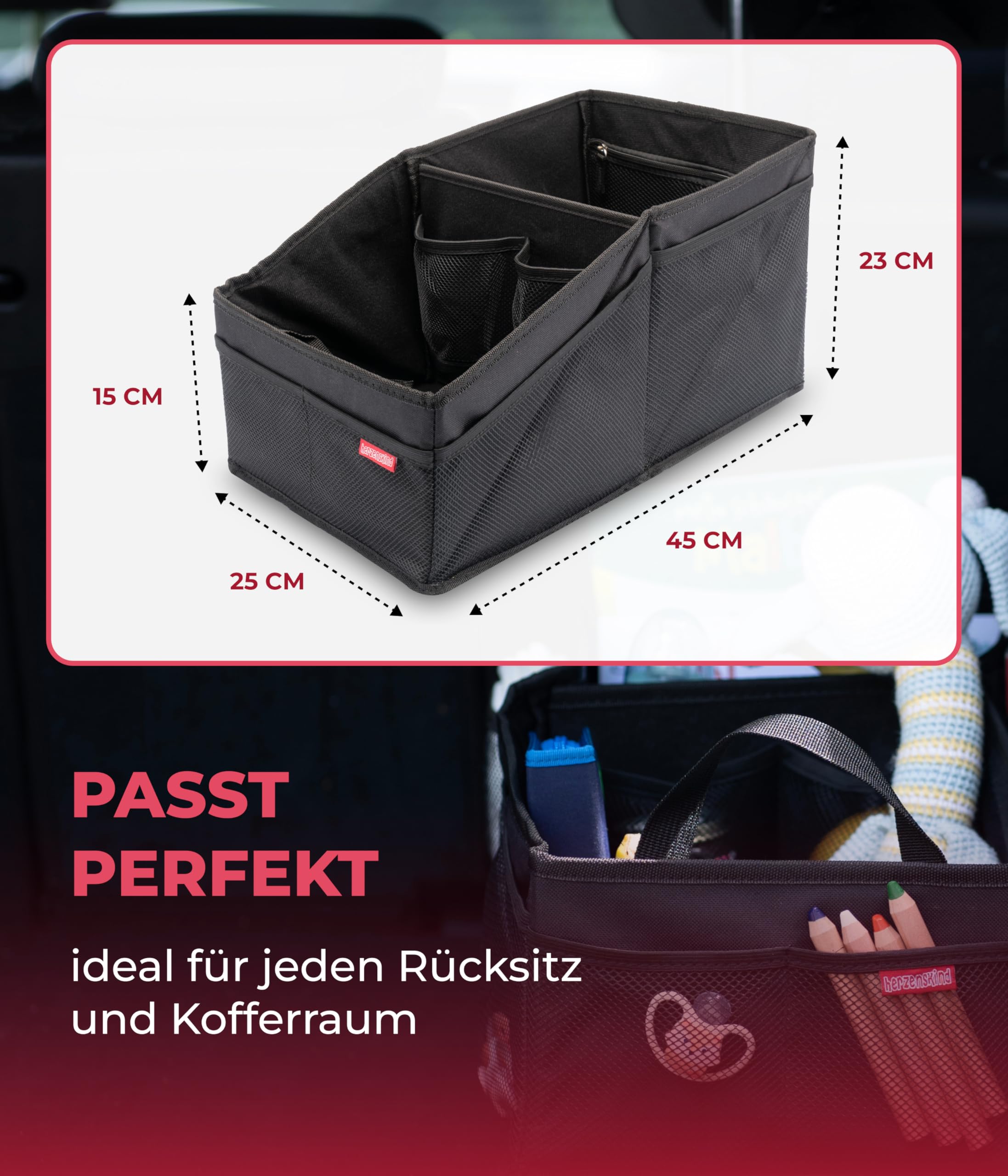 HerzensKind Auto Organizer Rücksitz – Faltbarer Rücksitz Organizer Kinder | Autositz Organizer mit Netz & Hauptfach | Kinder Auto Organizer für Spielzeug, Windeln & Snacks