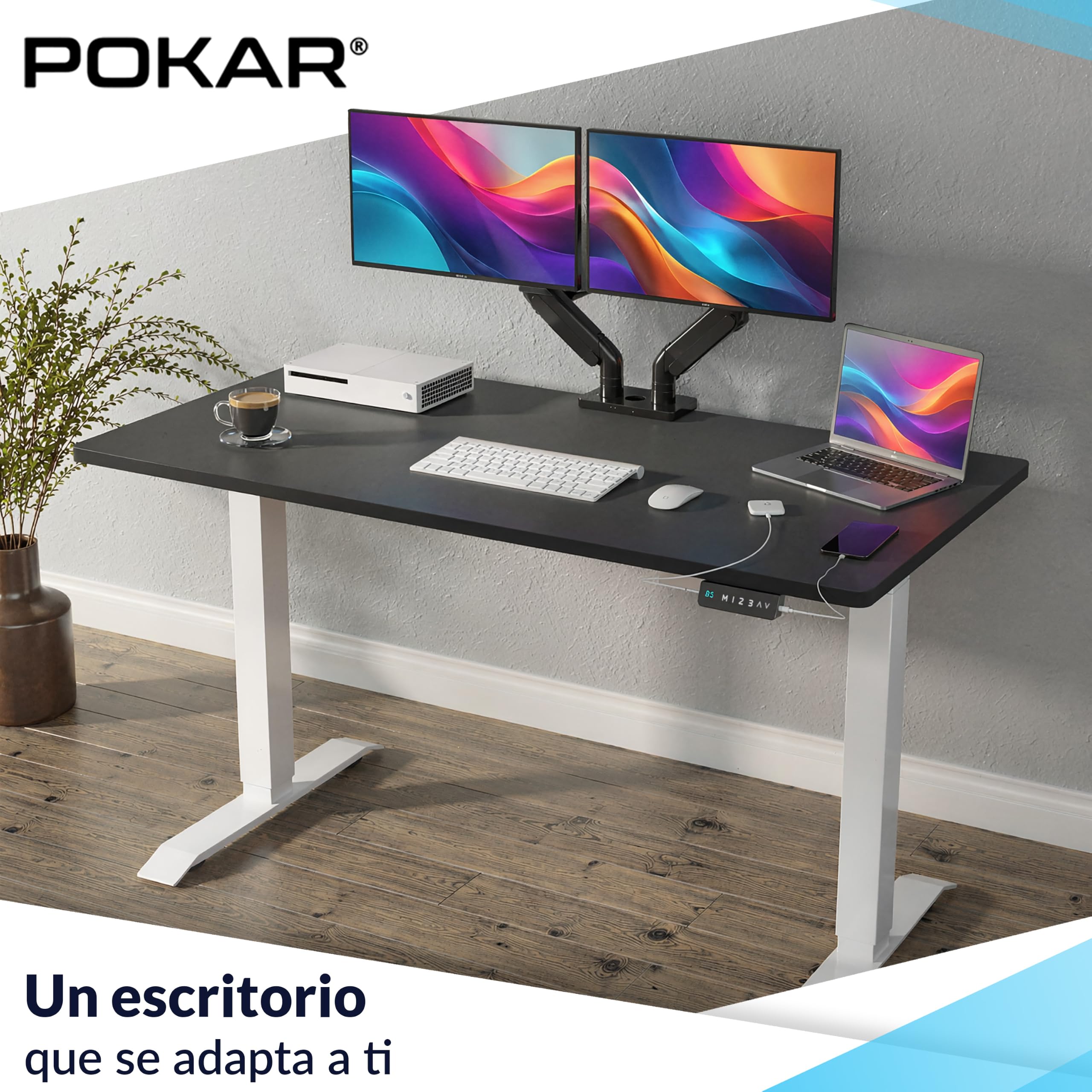 POKAR Escritorio Elevable Eléctrico 120x70 cm | Tablero Macizo 25mm | Panel con Memoria, USB-C y USB-A | Mesa Regulable en Altura para Teletrabajo | Estructura Plateada, Tablero Blanco