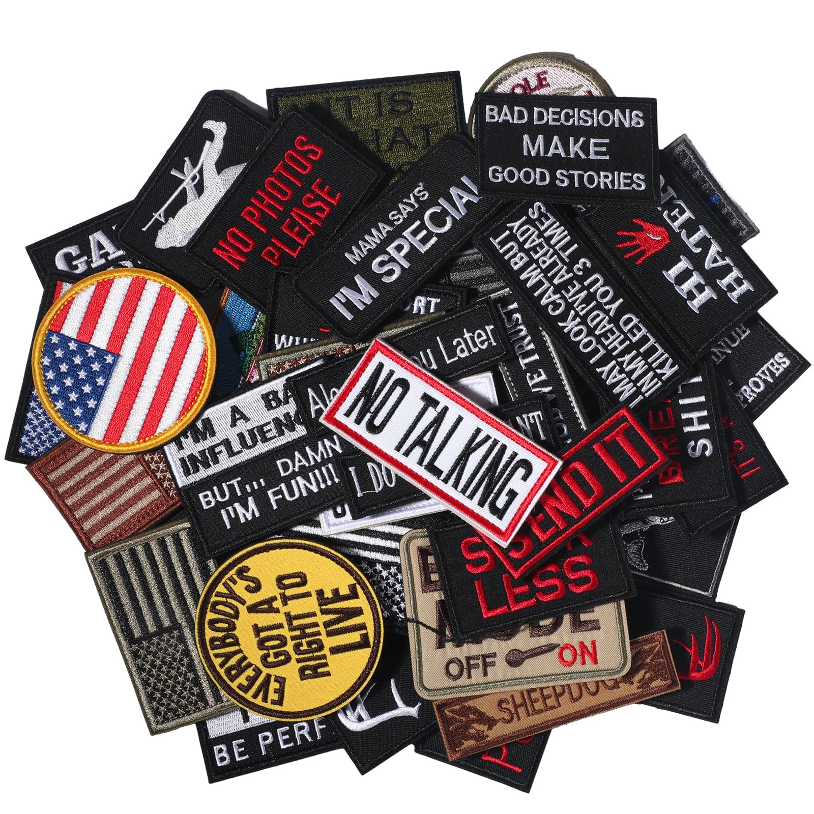 Tigeen 50 Pcs Random Tactical Military Patches Set Funny Morale Backpack Patches Full Embroidered Appliques with Hook and Loop for Caps, Vests, Jackets, Bags (Various Style)