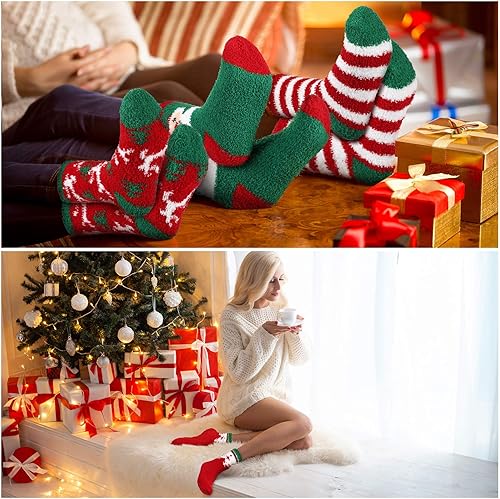 Miniatura 7 de 8 pares de calcetines de Navidad peludos de felpa, calcetines de Navidad para adultos, calcetines de vacaciones de invierno, cálidos, esponjosos,