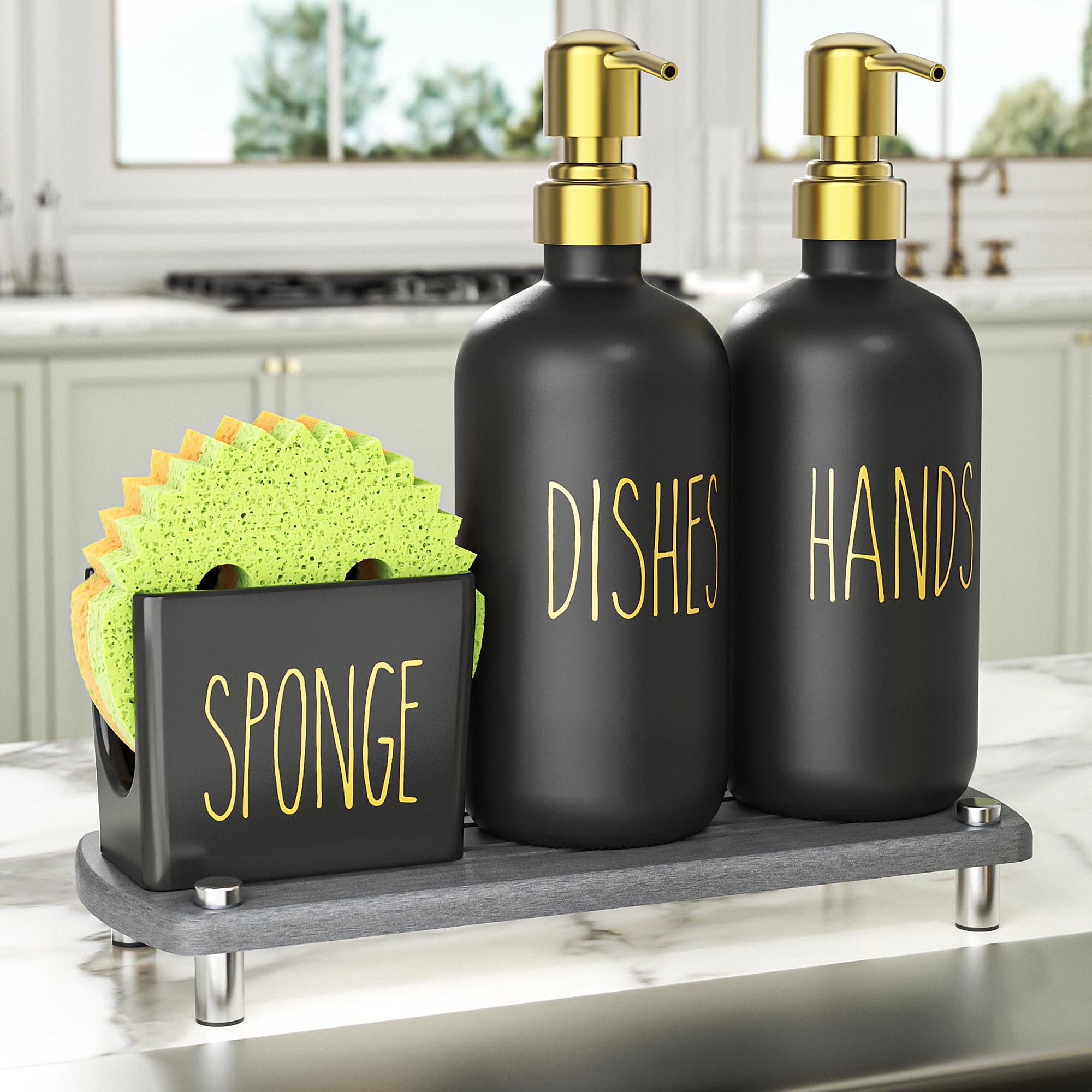 Photo 1 of ***SPONGE HOLDER BROKEN***Cisily Kitchen Soap Dispenser Set Comes with Ceramics Sponge Holder, Gold Pumps, and Instant Dry Tray, Hand and Dish Soap Dispenser Set (4, Gold + Black + Sponge Holder)