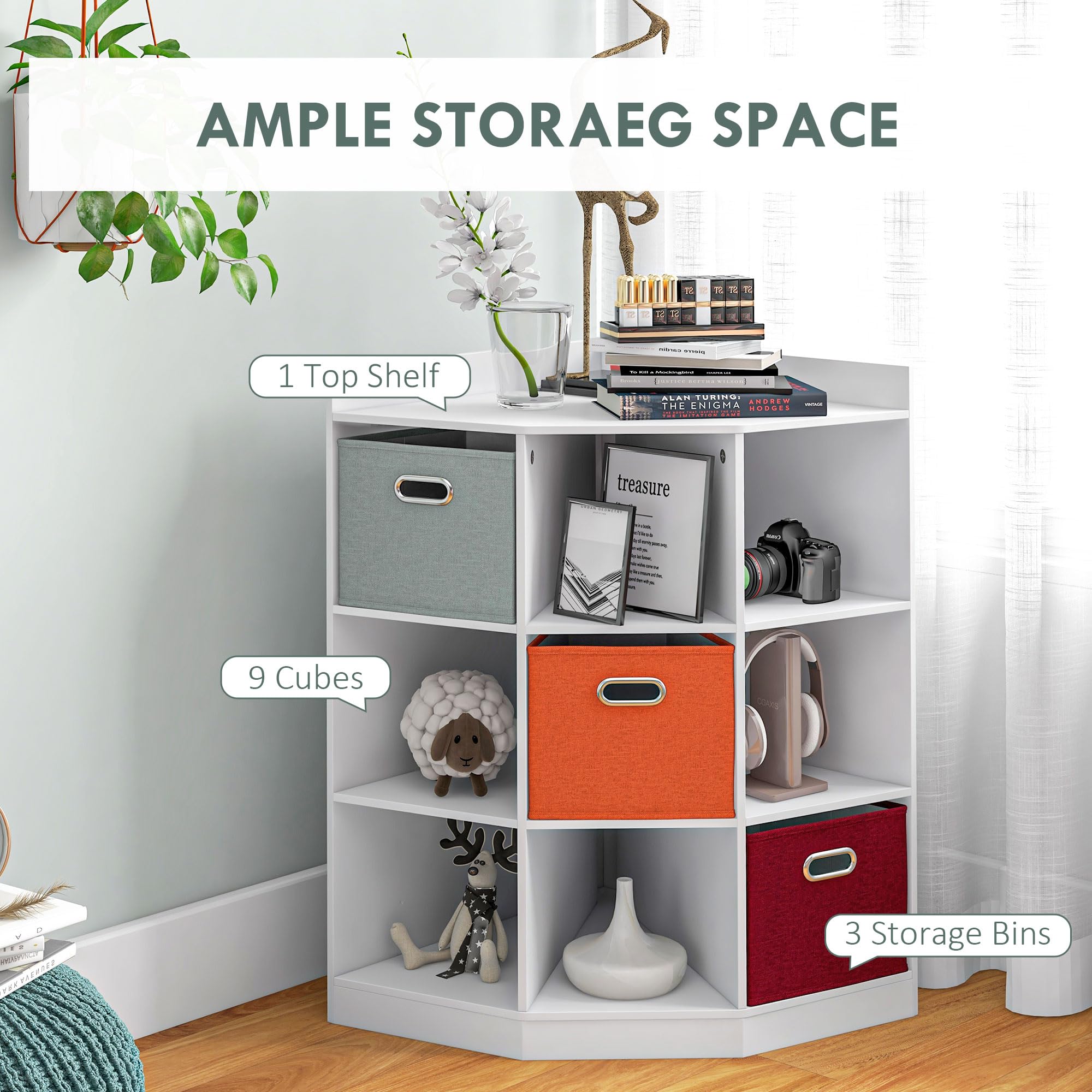 HOMCOM Mobile portaoggetti angolare mobile per bambini 9 nicchie 3 cassetti non tessuto MDF bianco