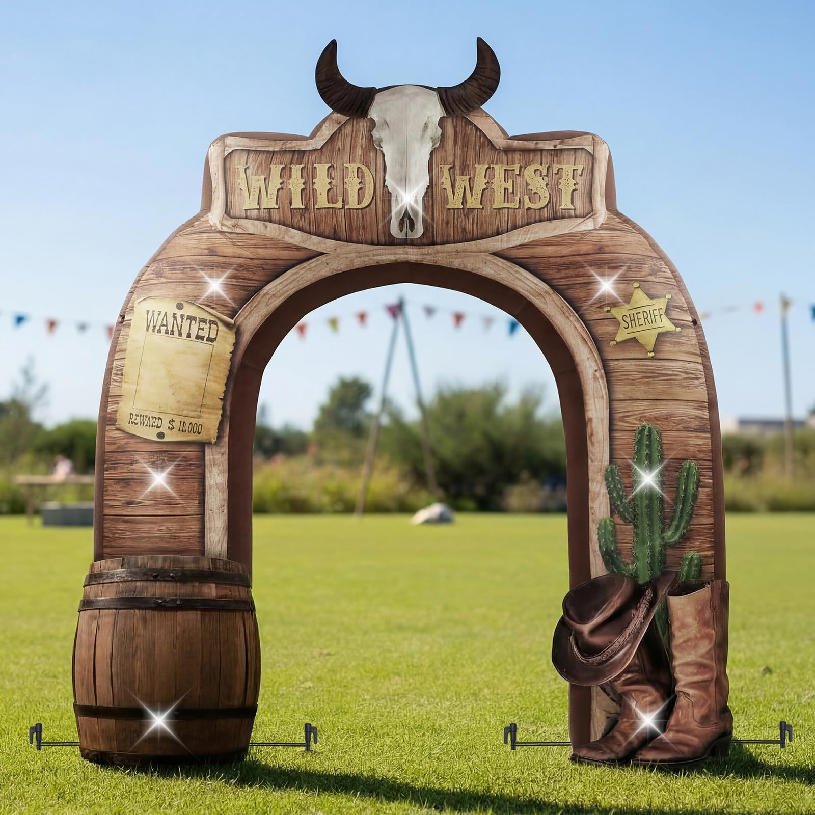 Foilswirl 10 FT LED West Cowboy Inflatable Arch 3D Giant Wild West Blow up Outdoor Decor Wanted Cowboy Boots Photo Props Built-in 7 LED Lights Blower Water Bags for Western Carnival Party Yard Garden