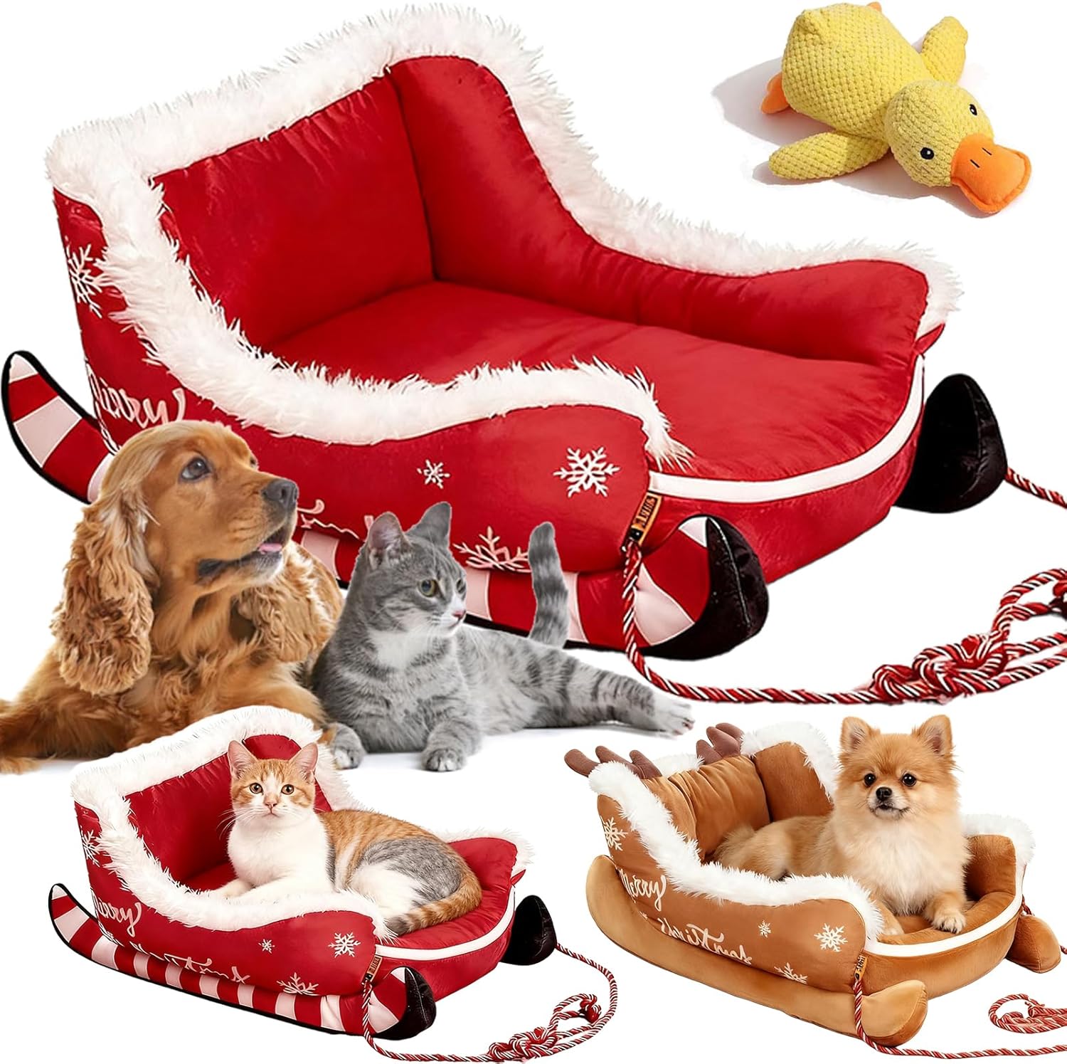 Christmas Sleigh Dog Bed, 2026 New Funny Santa Sleigh Pet Warm Bed with Non-Slip Base, Removable & Washable Plush Pet Warm Sofa, Dog Sleigh Bed for Cat and Dogs (B-M(25.6 * 20.5 * 11.8in))