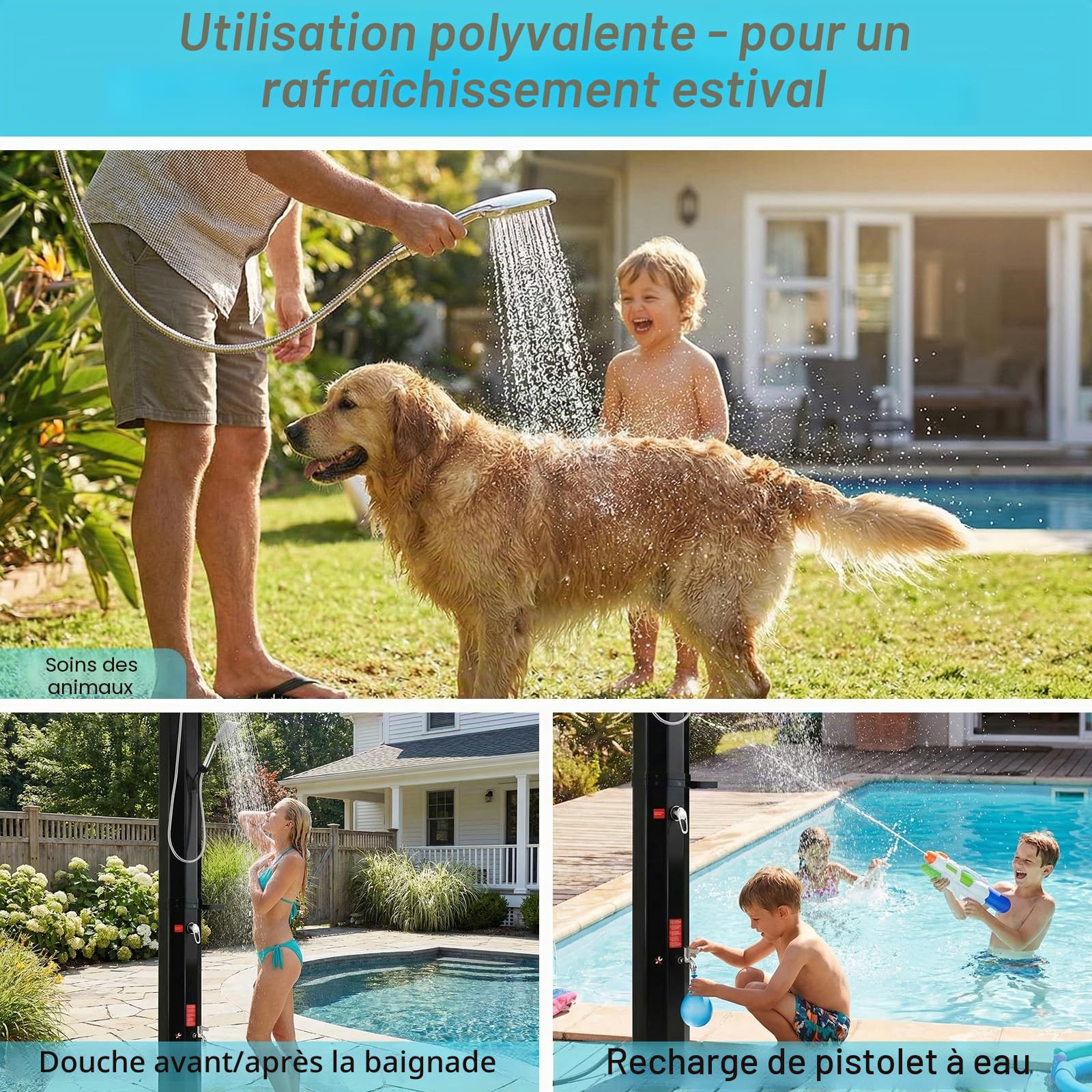 LIFERUN Douche Solaire 60L, Douche de Jardin Solaire, avec Pommeau de Douche, Douchette, Robinet et Housse de Protection, Eau Chaude jusqu'à 60 °C, sans Raccordement Électrique, pour Piscine Plage