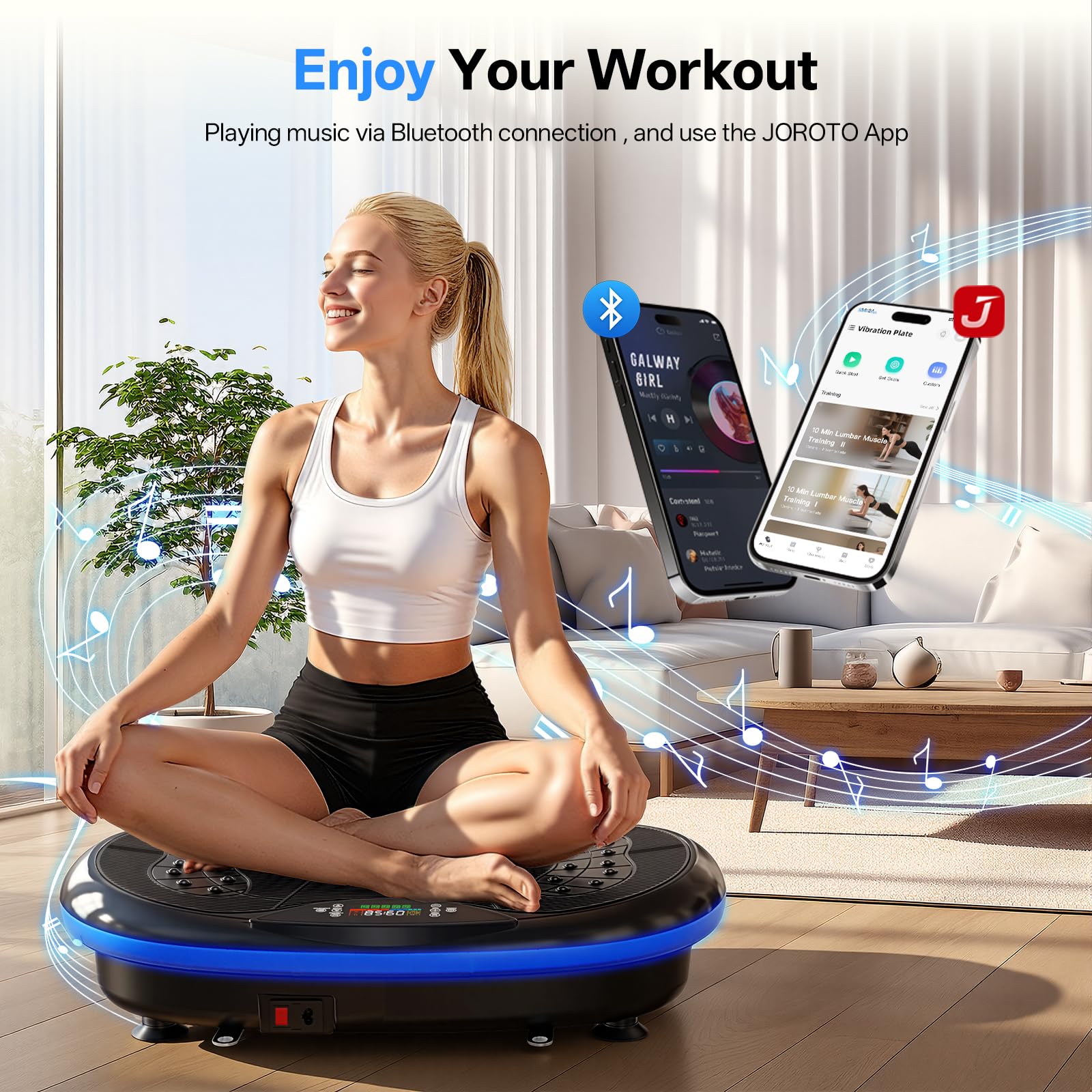 JOROTO Vibrationsplatte 4D für Zuhause - [3 leistungsstarke Motoren] Profi-Ganzkörpertraining | App-kompatibel | Integrierter Bluetooth-Lautsprecher & LED-Lichtern, bis 200 kg, Ideal für Heimfitness