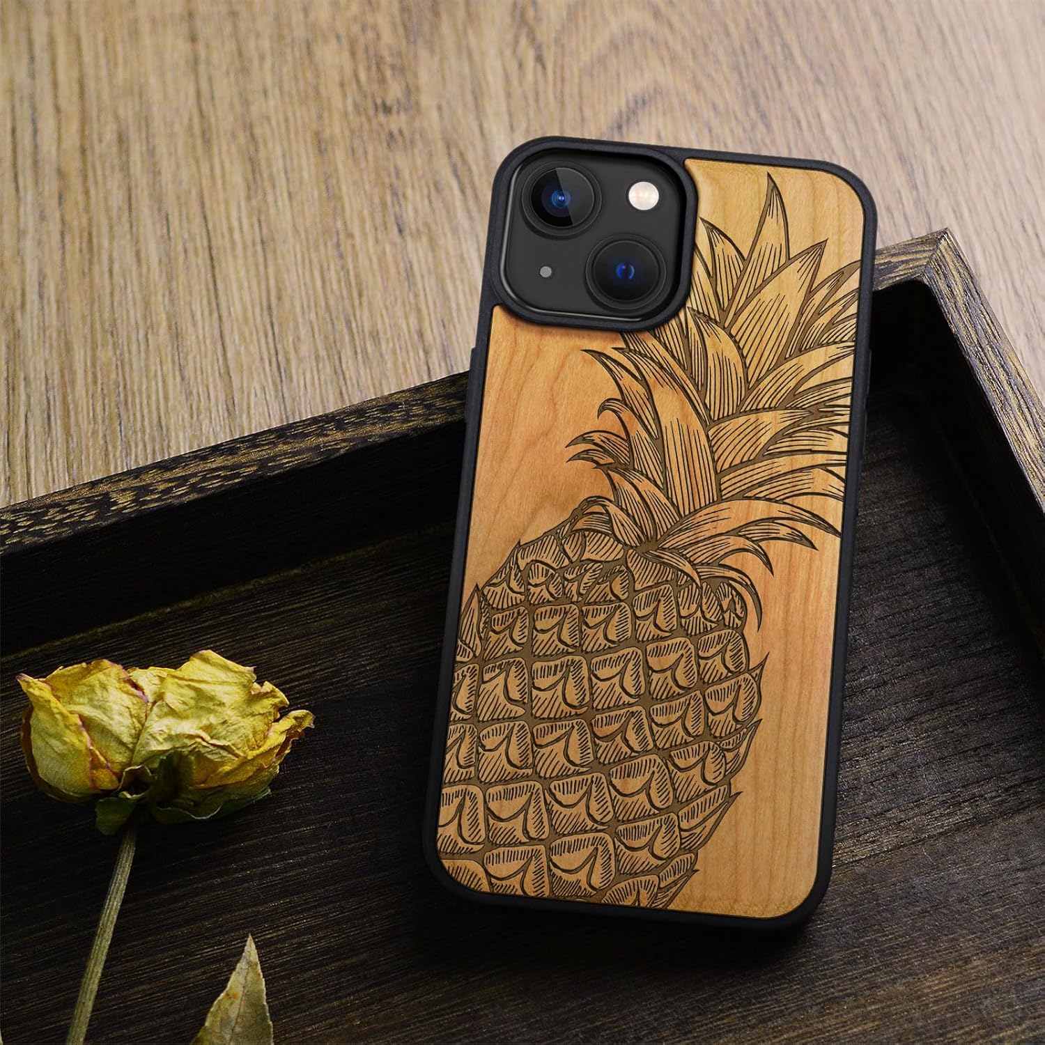 Carveit Magnetic Wooden Case for iPhone 15 Case, Compatible with MagSafe Wireless Chargers, Black Soft TPU Shockproof Cover & Wood Artisan Engraved (Pineapple Design) - Cherry