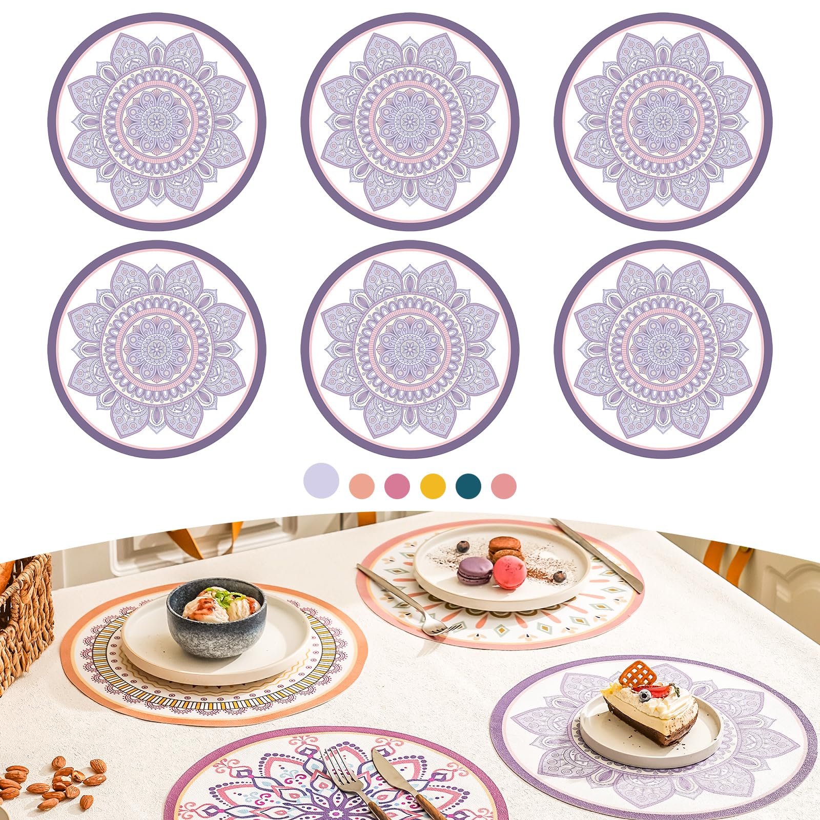 Elistonie Set of 6 Boho Round Placemats Waterproof Textured Vinyl Placemats for Dining Table Heat Resistant Dining Mats Washable Place Mats Mandala Round End Table Mat Bohemian Table Settings (B)