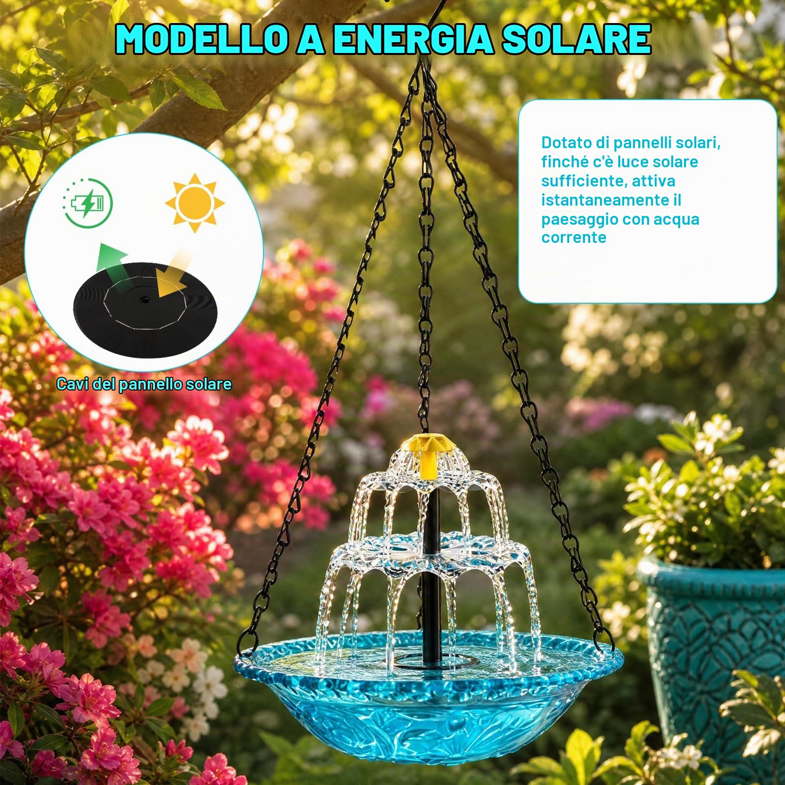 HENGBIRD Bagno per Uccelli da Appendere, Fontana Solare da Giardino - Vaschetta Blu Leggera con Cascata, Abbeveratoio per Uccelli per Balcone, Terrazzo ed Esterno
