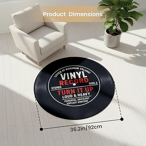 Miniatura 3 de Alfombra redonda para discos de vinilo de 3 x 3 pies, alfombra redonda con temática musical para dormitorio, estudio o aula, alfombra retro para