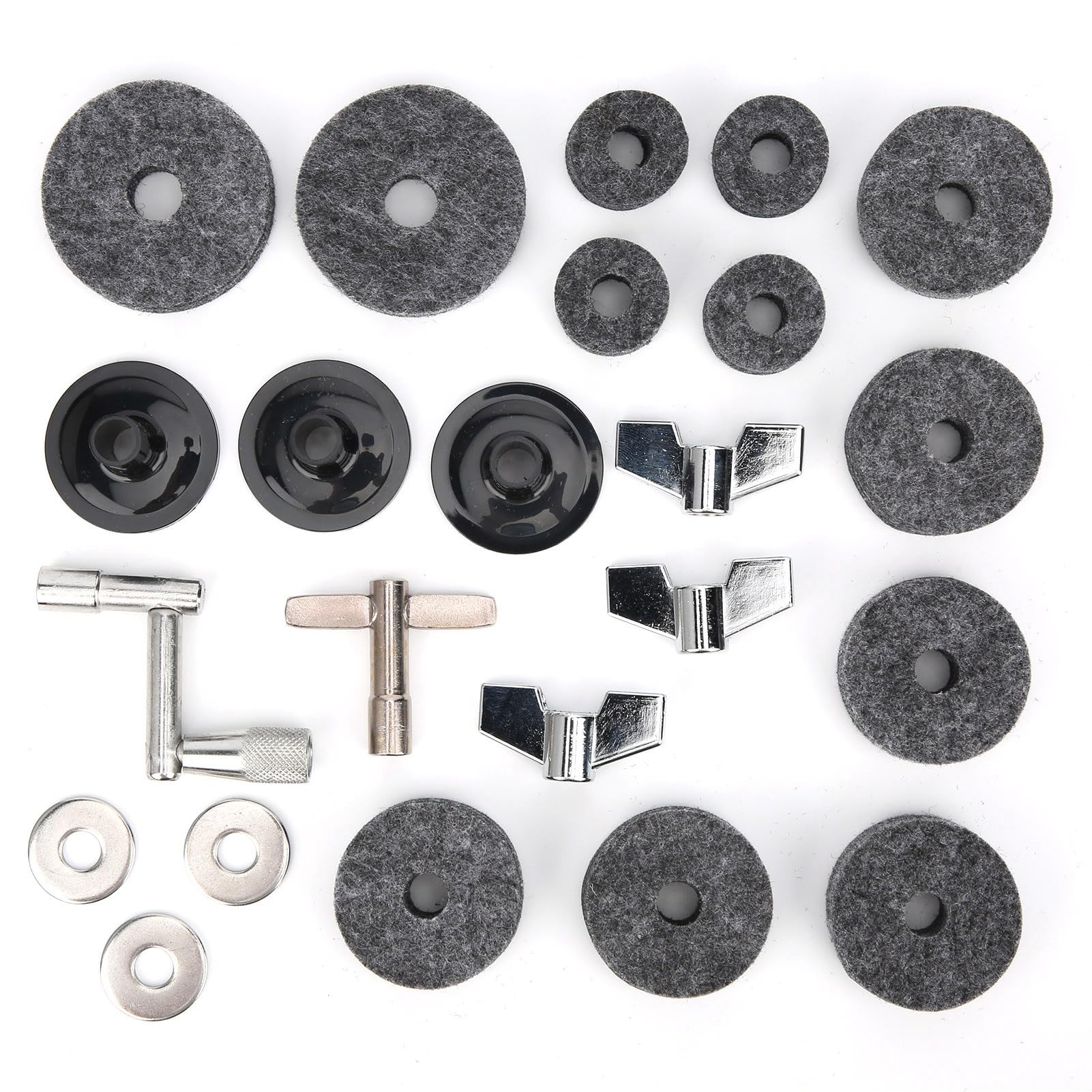 23PCS Cymbal Replacement Accessories, Stand Felts, Drum Felt Pads Include Wing Nuts, Washers, Sleeves & Key (Grey)