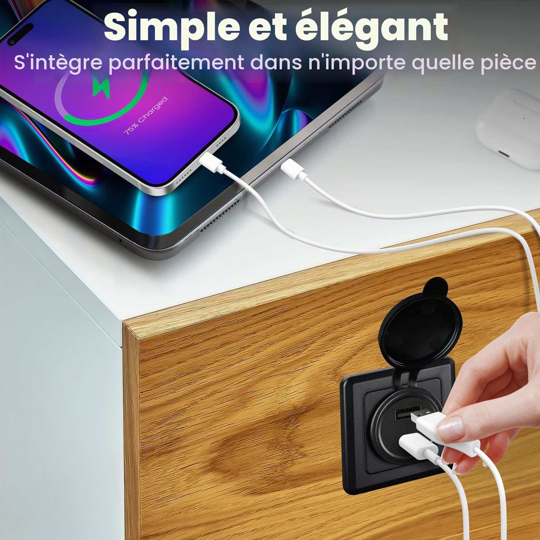 Prise USB 12v, Aluminium PD3.0 30W + QC3.0 18W & Dual Port Socket, sortie de charge rapide USB en 12V avec plaque frontale noire, idéal pour RV, bateau, caravane, remorque de camper