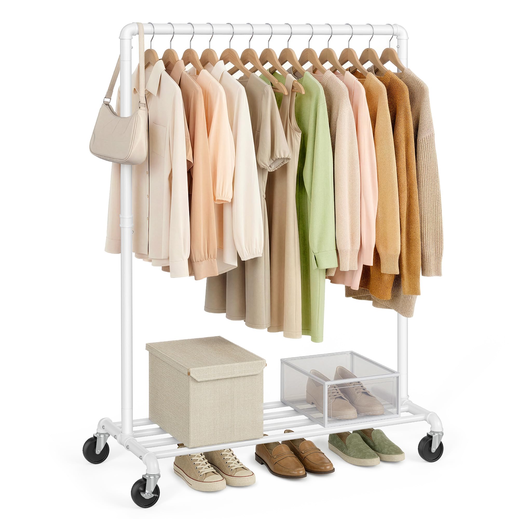SONGMICS Clothes Rail on Wheels, Clothes Rack for Bedroom, Heavy-Duty Clothing Rail with 1 Hanging Rail and Shelf, 2 Castors with Brakes, Maximum Load of 90 kg, White HSR061W01