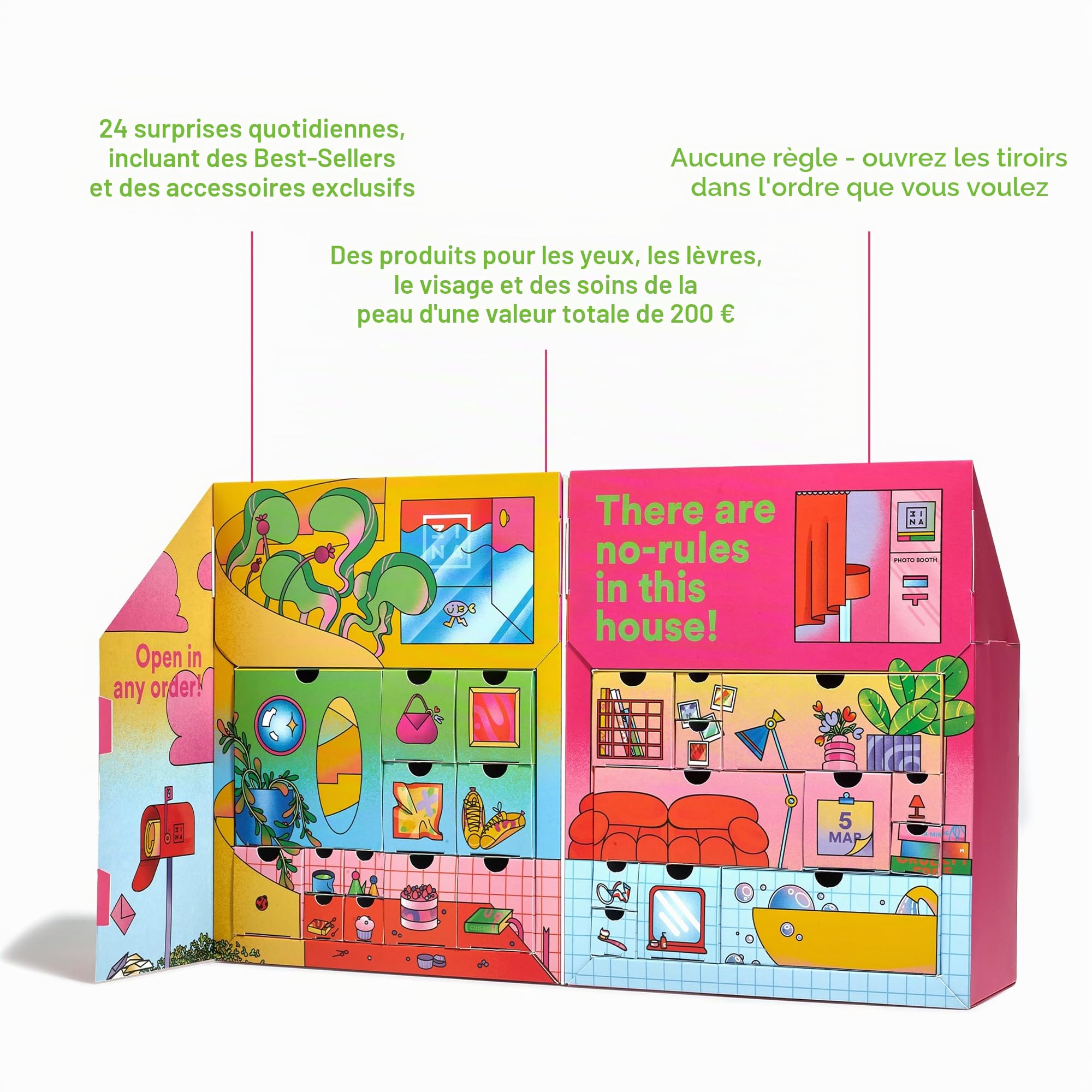 3INA MAKEUP - The No-Rules House: 24 Days Of Color - Calendrier de l'Avent 2025 - Calendrier de l'Avent Maquillage - Coffret Cadeau - Calendriers de l'avent Beauté - 24 Surprises - Vegan -Cruelty Free