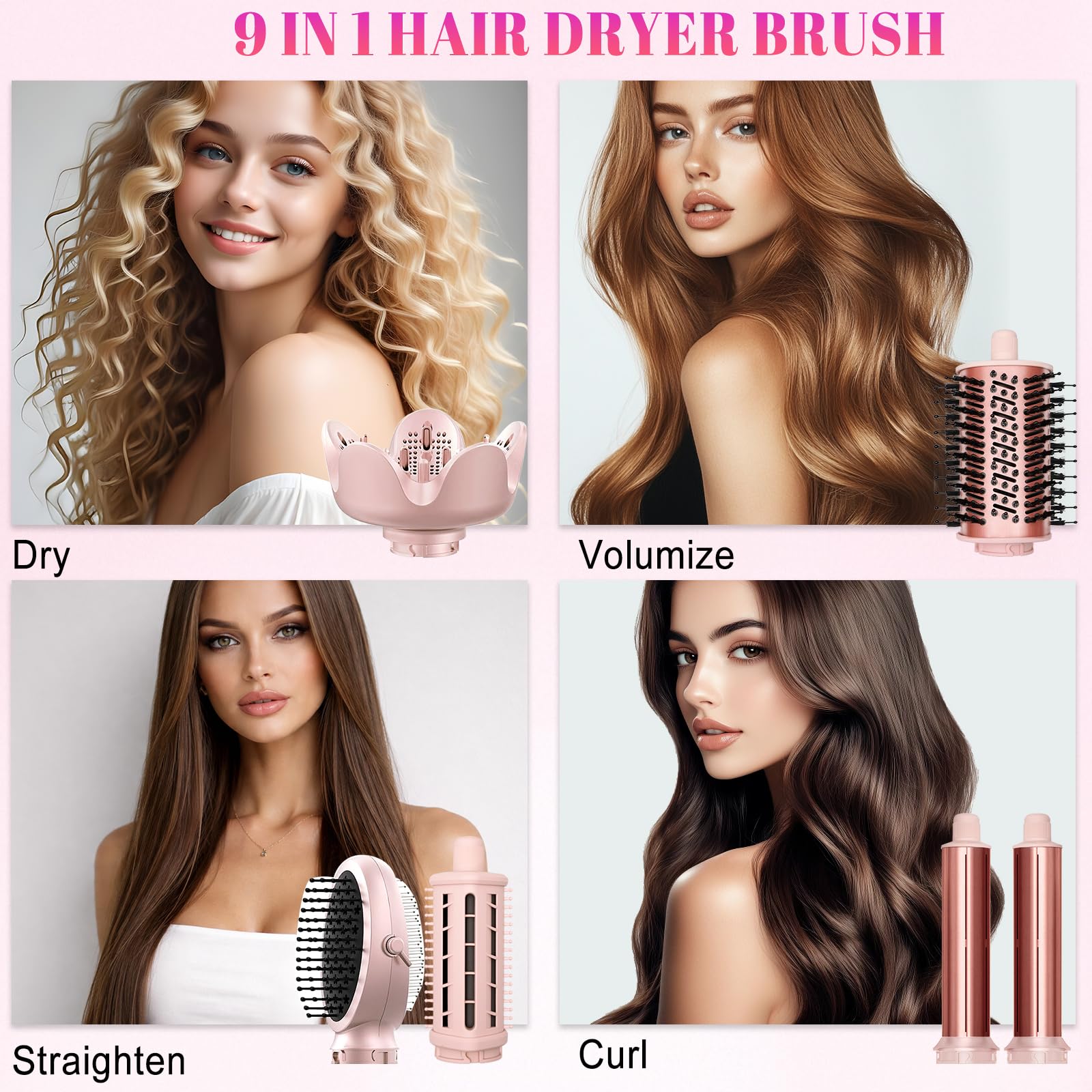 9 in 1 Warmluftbürste Haarstyler mit Digitalanzeige, Ionen-Technologie & Auto-Wrap Lockenstäben für glattes Haar, Locken, Volumen & Glanz – schonend und vielseitig