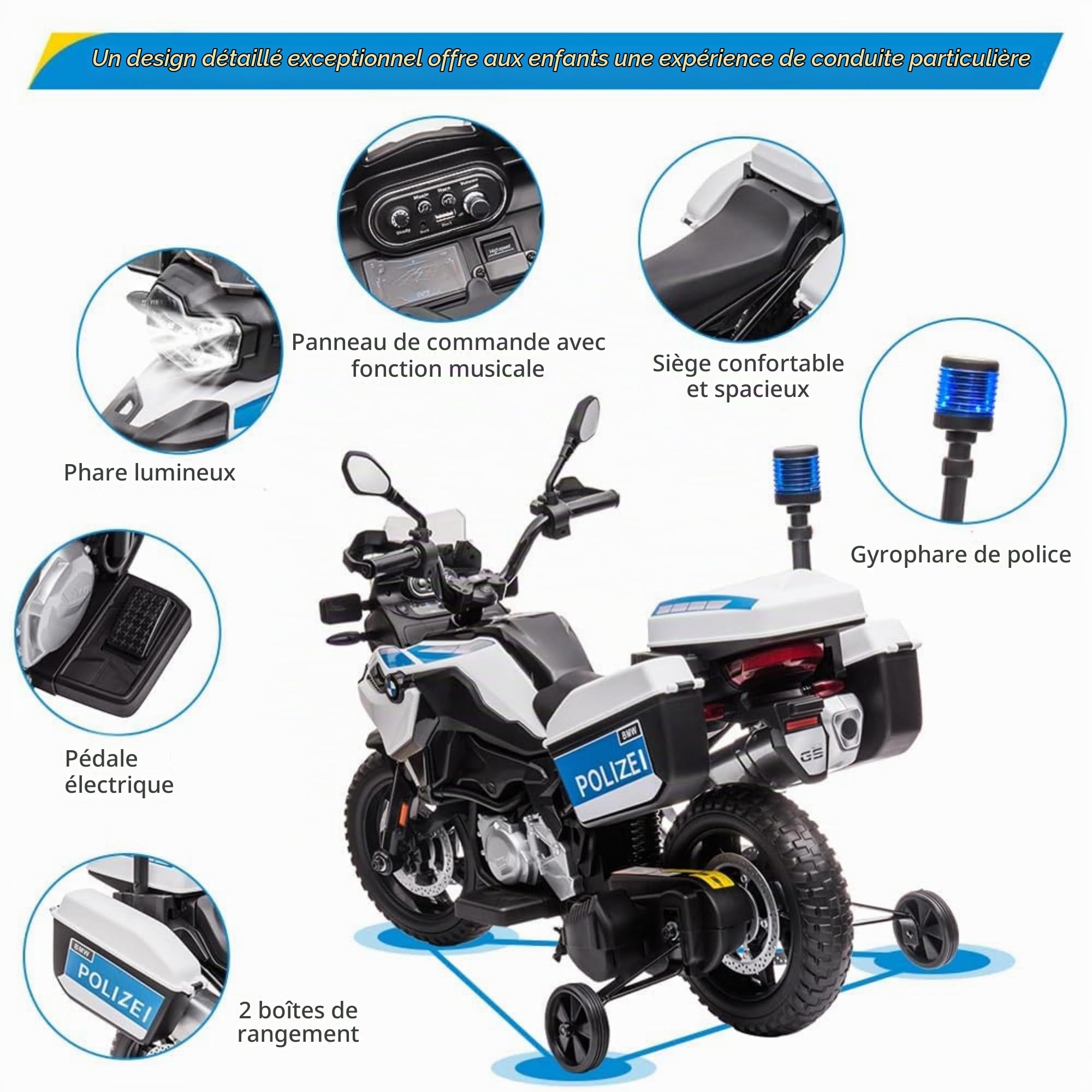 Moto Électrique Enfant 12V 7Ah Police, avec Musique MP3, Phares LED, Voiture électrique Enfants pour Enfants d'Âge Préscolaire, Moto Enfant 3 à 8 Ans pour Jardin et Extérieu