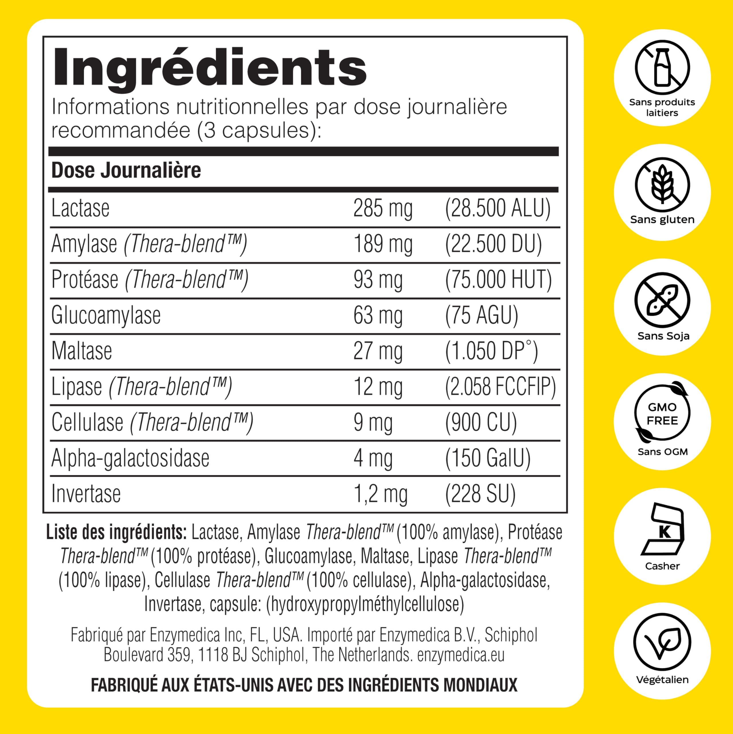 Enzymedica, Lacto, Formule Enzymatique Pour L'Intolérance Au Lactose Et À La Caséine, Indiqué Contre La Contamination Croisée, Sans Gluten, Sans Produits Laitiers, Végétalien, 90 Capsules