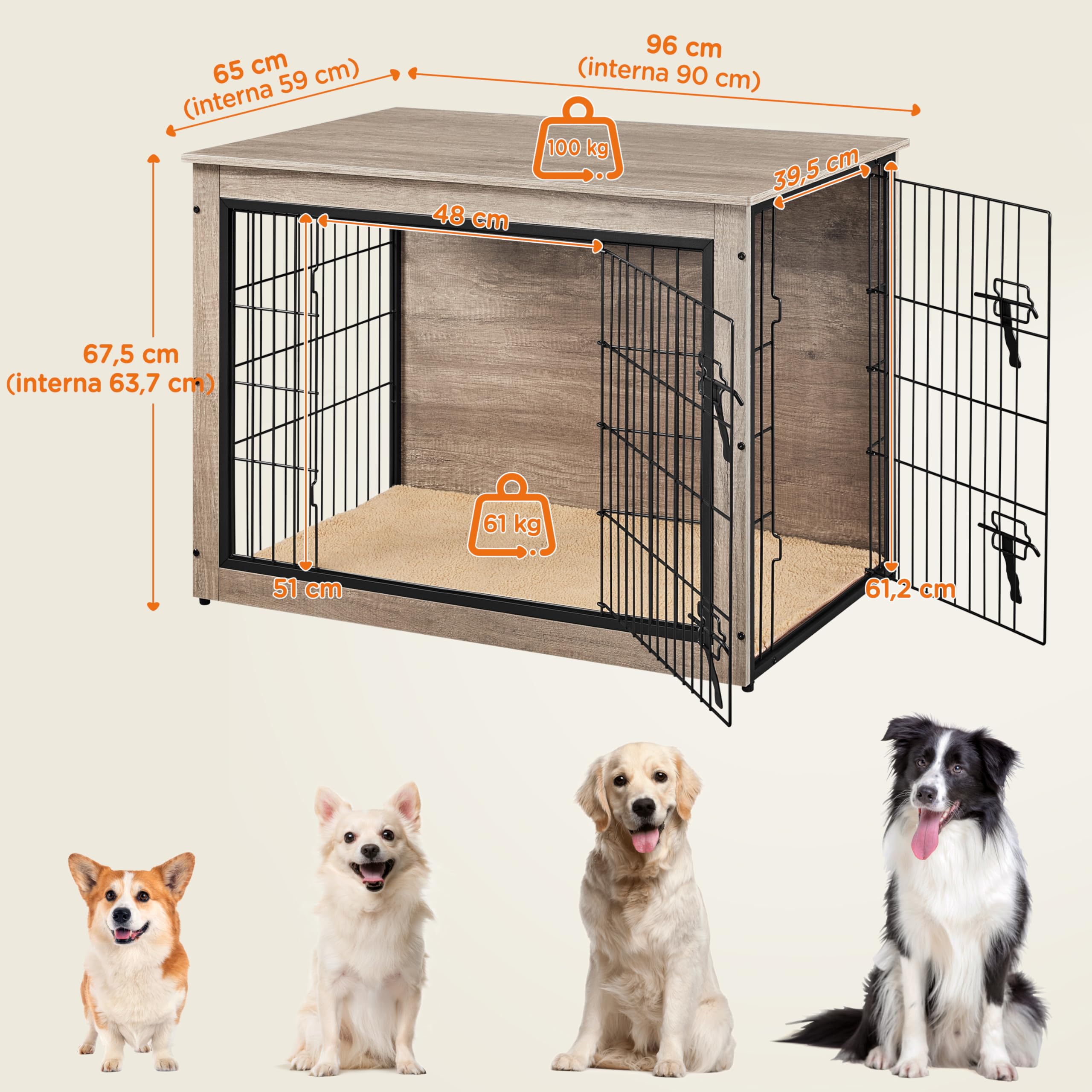 Yaheetech Gabbia per Cani Gatti, Tavolino Armadietto Box Kennel con Doppie Porte, a Rete in Legno, da Interno per Casa, 96 x 65 x 67,5 cm, Grigio