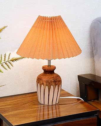 Homesake Small Cute Bedside Lamp with Linen Beige Lampshade, Nightstand Lamp for Nursery, Bedroom, Kid Room, Living Room, Light Brown Wooden Base, E27, Ribbed Urn, (Pleated Jute)