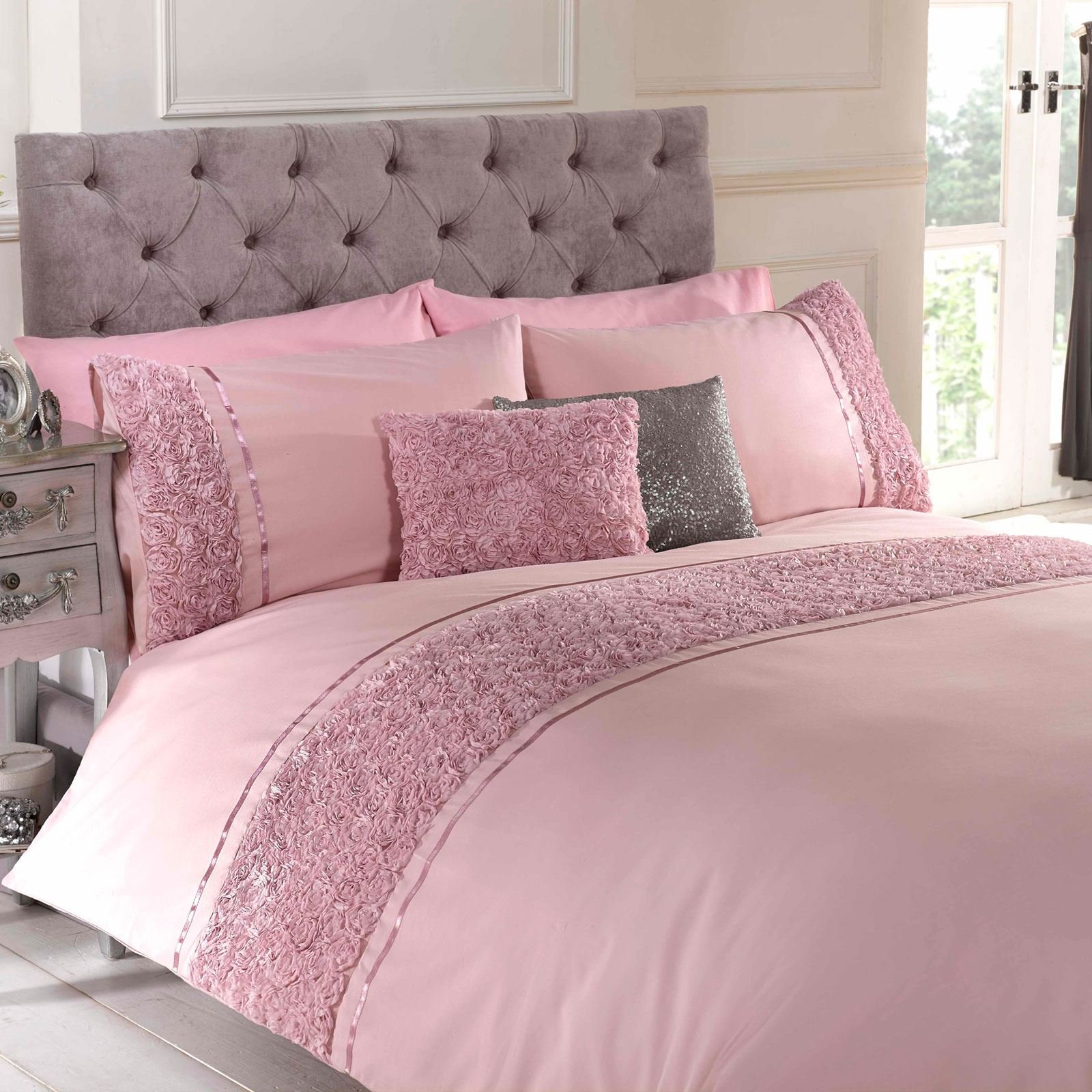Chateau de Belle Maison (Single, Pink) Raised Rose and Ribbon Duvet Quilt Cover Bedding Set, Polycotton, Pink, Single