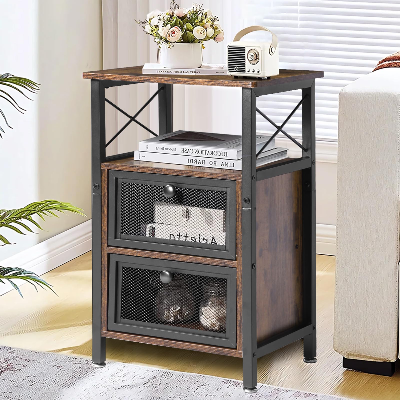 End Table with Mesh Doors, 12" D x 16" L x 24" H, Metal Side Table with Drawers, Small Furniture with Storage, End Table Living Room, Industrial X-Shaped Night Stands for Bedroom, Rustic Brown
