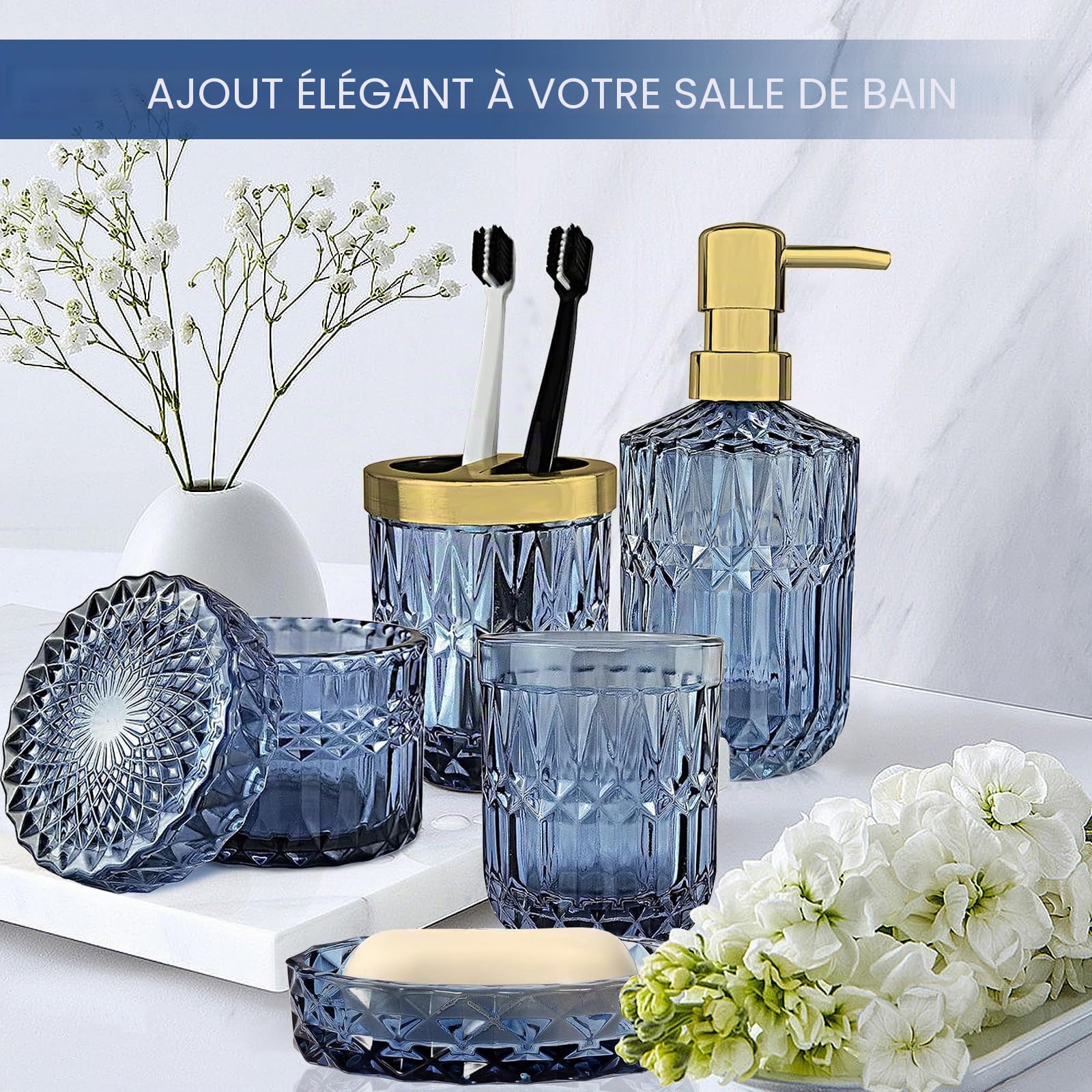 Lot de 5 Accessoires Salle de Bain en Verre - Decoration Salle de Bain avec Distributeur Savon, Porte Brosse à Dents,Tasse en Verre, Pot à Cotons-tiges et Porte-Savon, Gobelet, Cadeau de Luxe, Bleu