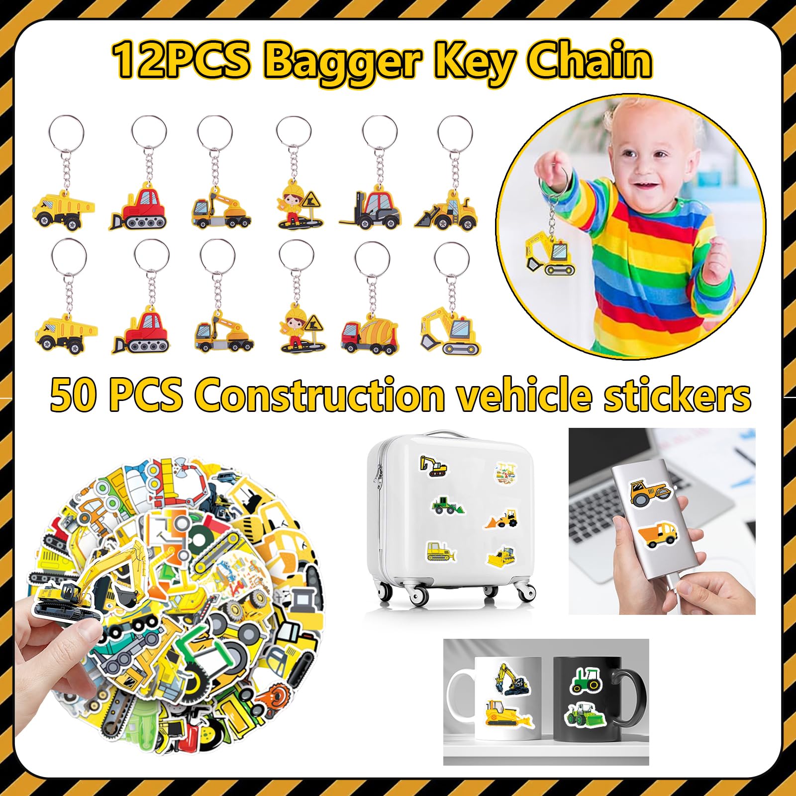 86 pezzi per cantiere, feste di compleanno, escavatore, accessori per feste di compleanno, 12 braccialetti Slap, 12 sacchetti regalo, 12 portachiavi, 50 adesivi per bambini, ragazzi e ragazze