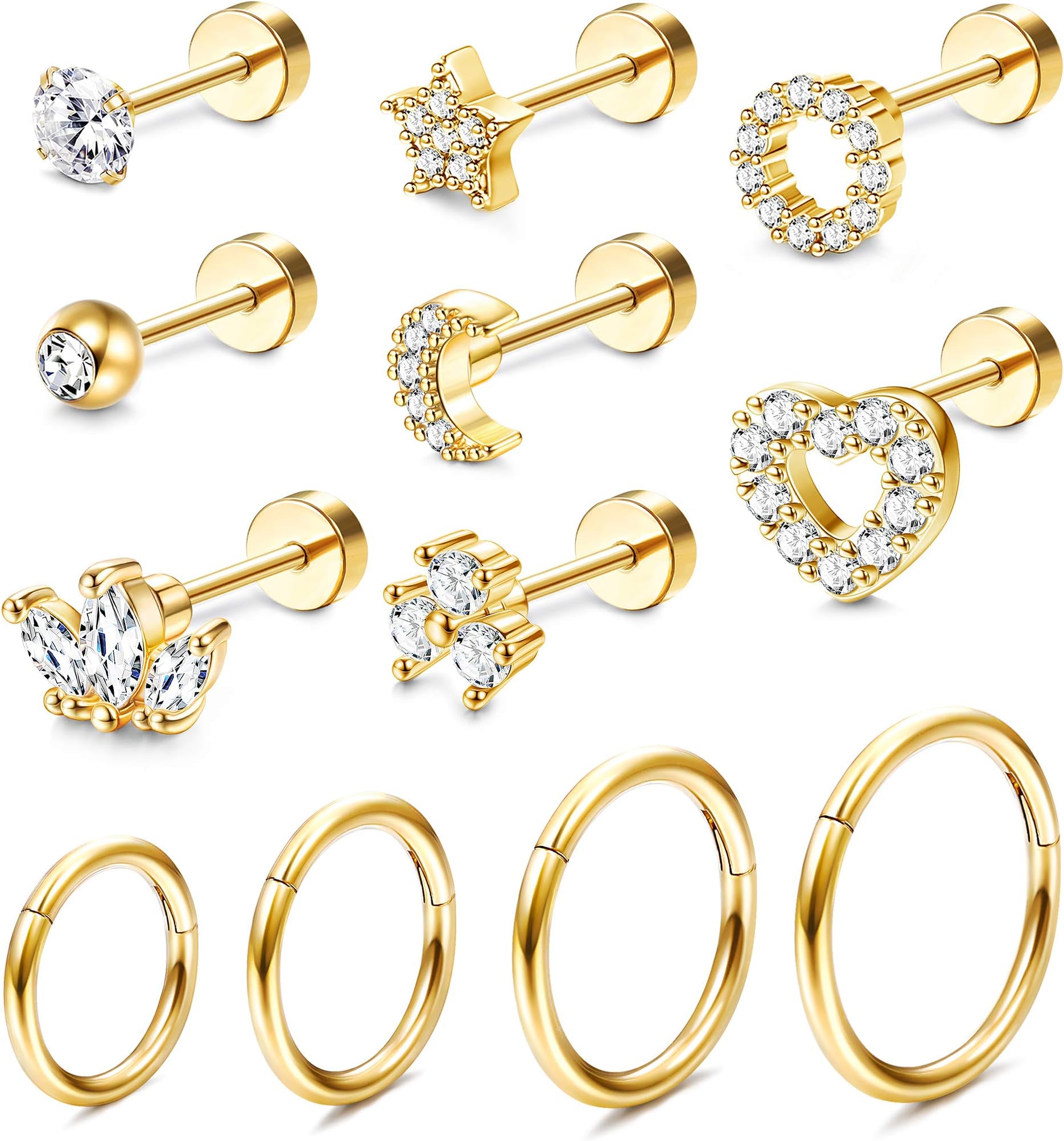 12Pcs 18G Stainless Steel Helix Cartilage Tragus Stud Earring Hoops for Women CZ Barbell Piercing Earrings Stud Piercing Jewelry