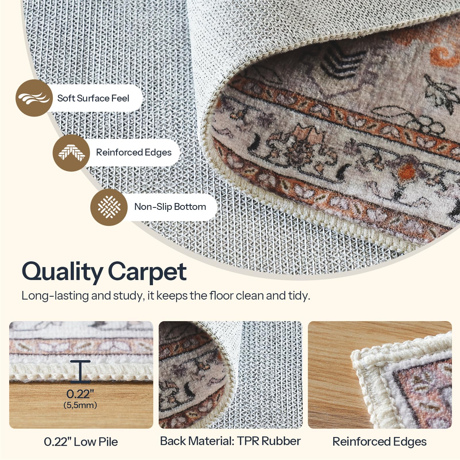 HOOBRO Tapis Lavable en Machine, 270 x 180 cm, Tapis de Salon Style Bohème, Descente de Lit à Poil Bas, pour Entrée, Cuisine, Salon, Chambre, Bureau, Beige Rustique EEF04AR01