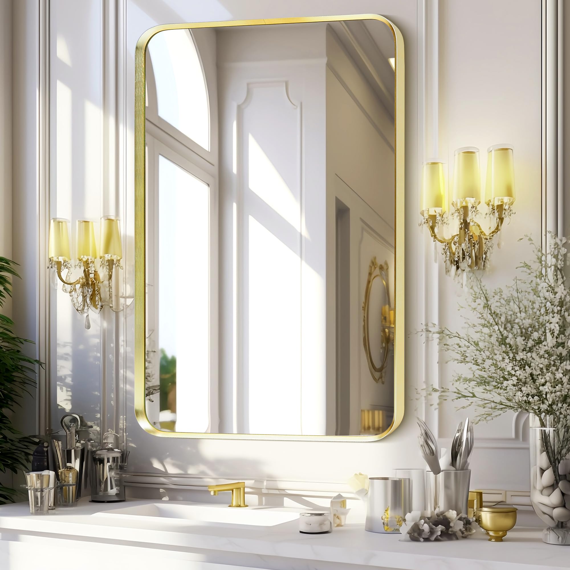 Gold Bathroom Mirror 20x30 Inch, Brushed Brass Gold Metal Framed Rectangle Mirror, Wall Mounted Rounded Corner Rectangular Vanity Mirror for Bedroom Living Room, Horizontal or Vertical