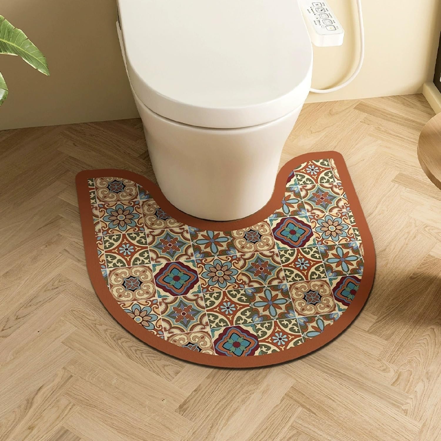 Pedestal Mat U Shape for Toilet, Retro Ethnic Style Bohemian Flower Pattern Absorbent Quick Dry Non Slip Toilet Floor Mat Diatomite Bath WC Rug Washable Easy To Clean for Bedroom (COLOR 5,60x90cm)