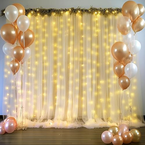 Cortinas de fondo de tul transparente color champán con cadena de luces para fiestas, bodas, sin arrugas, cortinas para baby shower, fiesta de