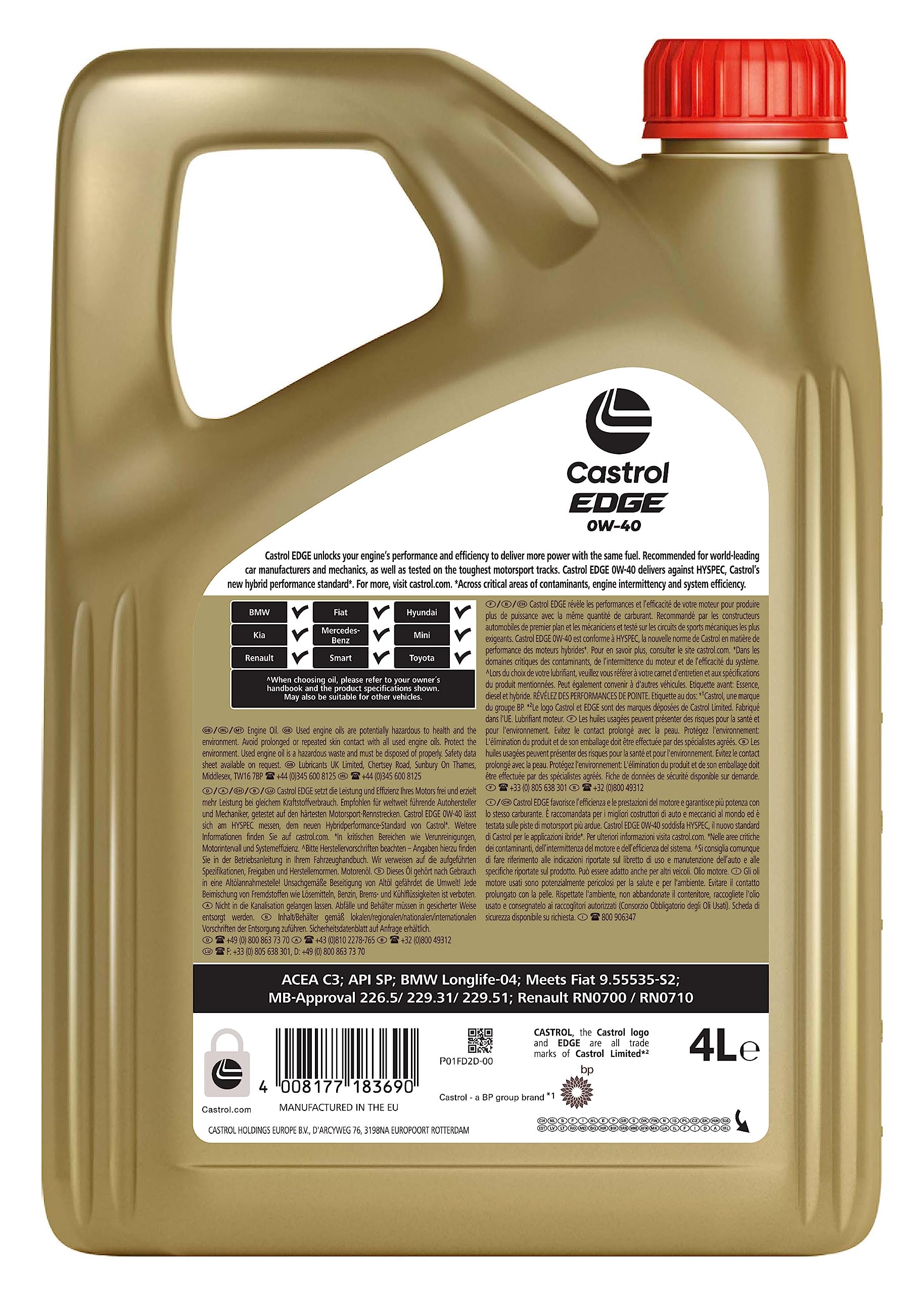 Castrol EDGE 0W-40 Aceite de Motor Avanzado Sintético, 4L