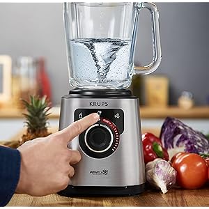 Krups KB8718 PerfectMix+ High Speed Blender | 1200 Watt | Krups Recipes App | Auto Clean Program | Removable Powelix Blades and Glass Container | Includes Spatula/Masher | Black