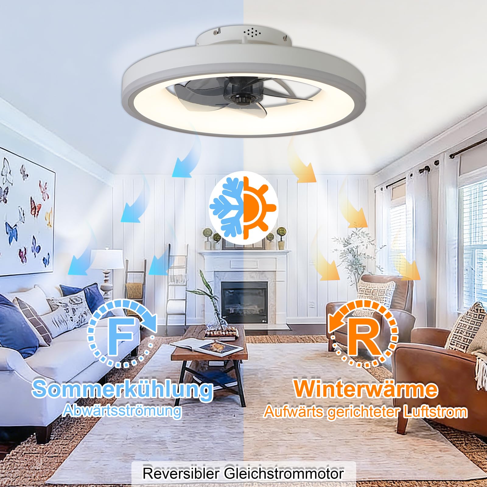50 cm Deckenventilator mit Beleuchtung, RGB-Licht, leise, Weiß | RGB Deckenventilator mit Licht, Fernbedienung, Deckenlampe mit Ventilator, 6 Geschwindigkeiten, dimmbar, Timer, Schlafzimmer