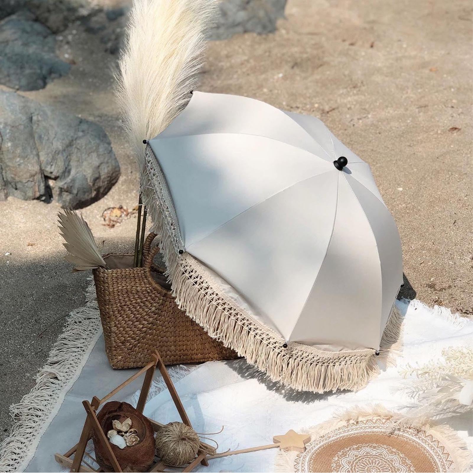 Ombrellone da Esterno per Bambini con Nappa, Frangia, Ombrellone da Spiaggia per Bambini a Prova di Raggi Ultravioletti con Borsa per il Trasporto, per Oggetti di Scena (Beige)