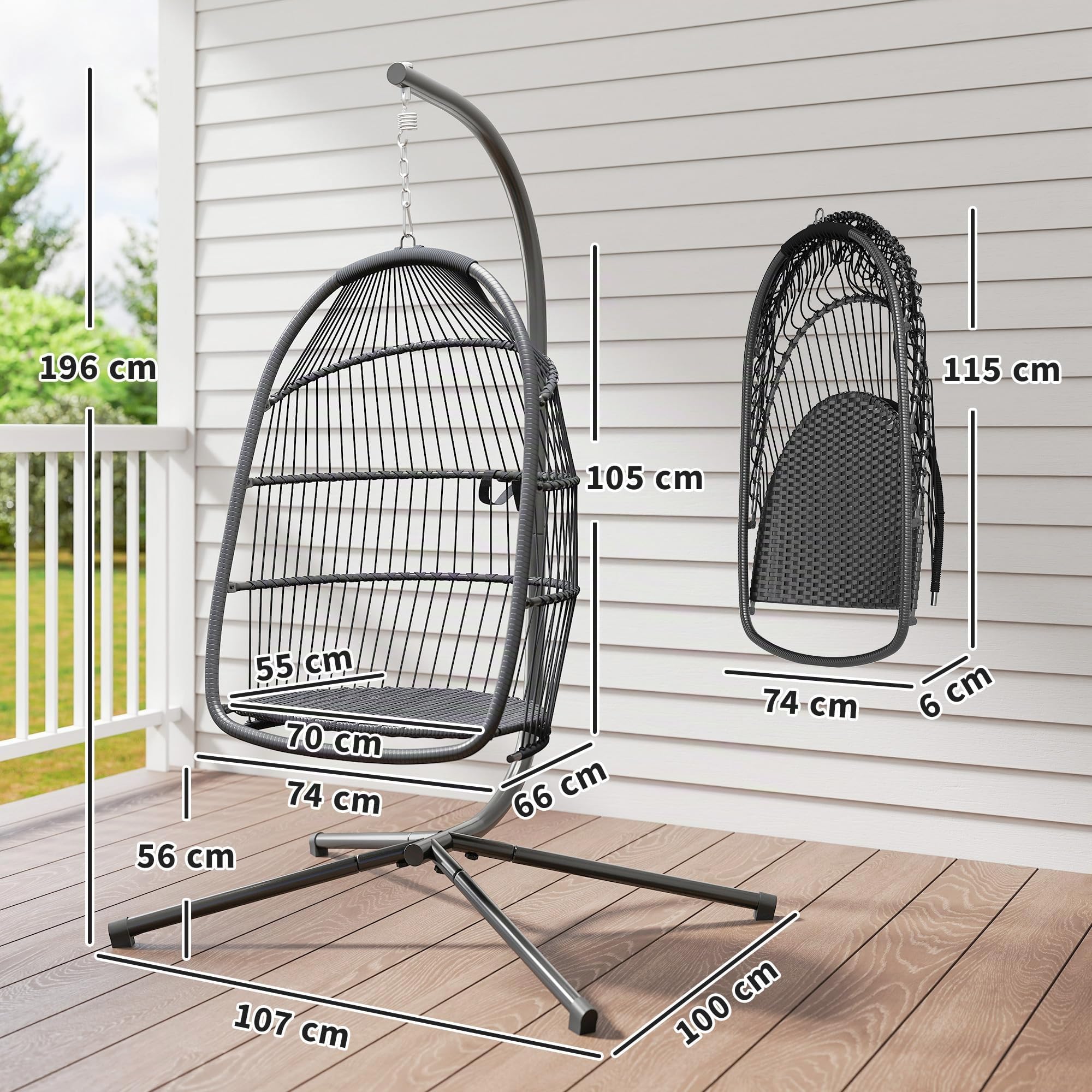 Outsunny Silla Colgante Huevo con Soporte Exterior 150 kg Gris Oscuro | Columpio Jardín, Cesta Plegable, Cojín Anti-UV, Reposacabezas Desmontable, Uso Interior