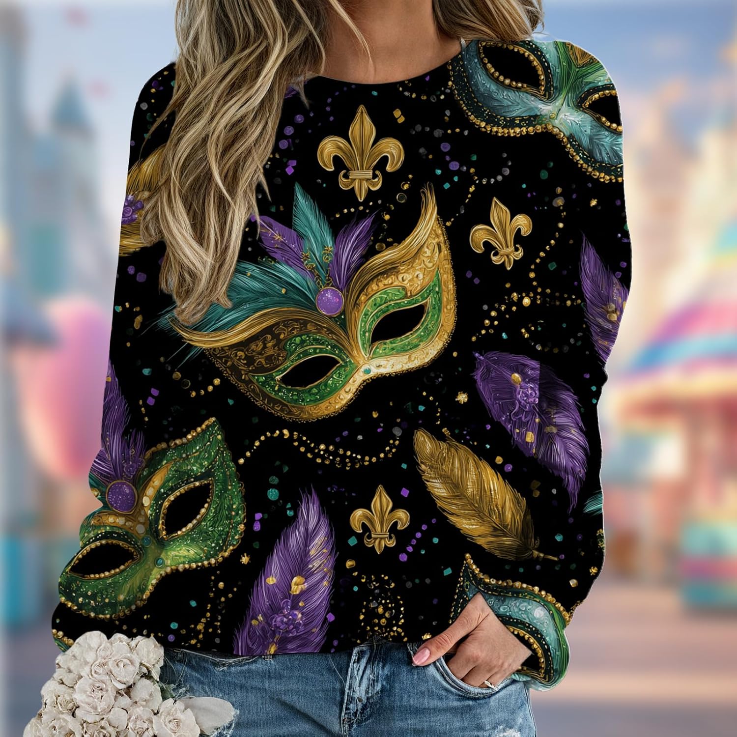 Womens Mardi Gras Tops Funny Print Crewneck New Orleans Carnival Sweatshirts Plus Size Casual Pullover Outfits - Image 2