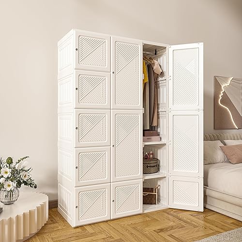 Portable Wardrobe Closet Storage Organizer for Clothes,Folding Plastic Wardrobe with Magnetic Door and Easy Assembly 11 Doors-8 Cubes-2 Hanging Rod.