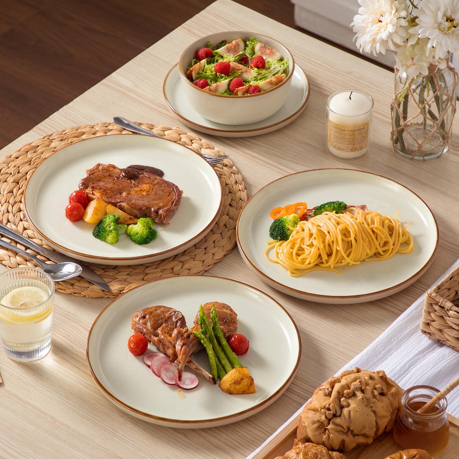 vancasso RENO Servizio Piatti 6 Persone per 24 Pezzi, Set Piatti Moderni in Gres - 6 Piani, 6 Dessert, 6 Fondi e 6 Ciotole - Smalto Beige Opaco, Adatto Lavastoviglie e Microonde