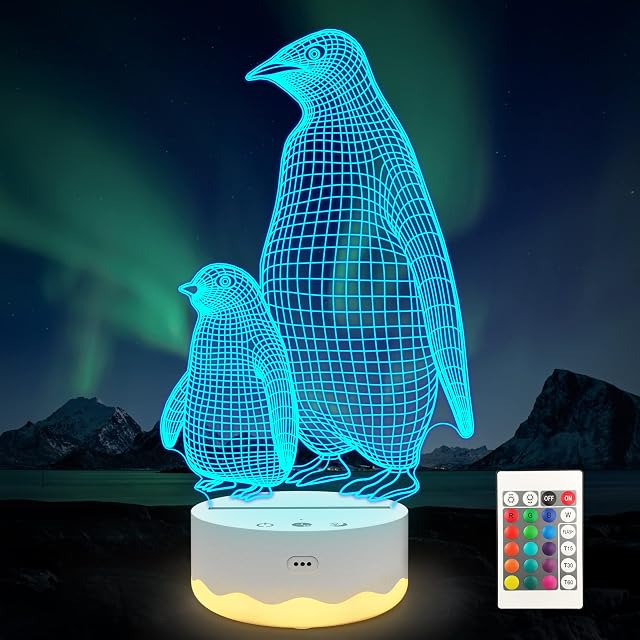 Ammonite Penguin 3D Night Light for Kids, 16 Colors Changing Illusion Lamp with Remote Control Dimmable Timer Function, Kids Bedroom Decor Gifts for Boys Girls