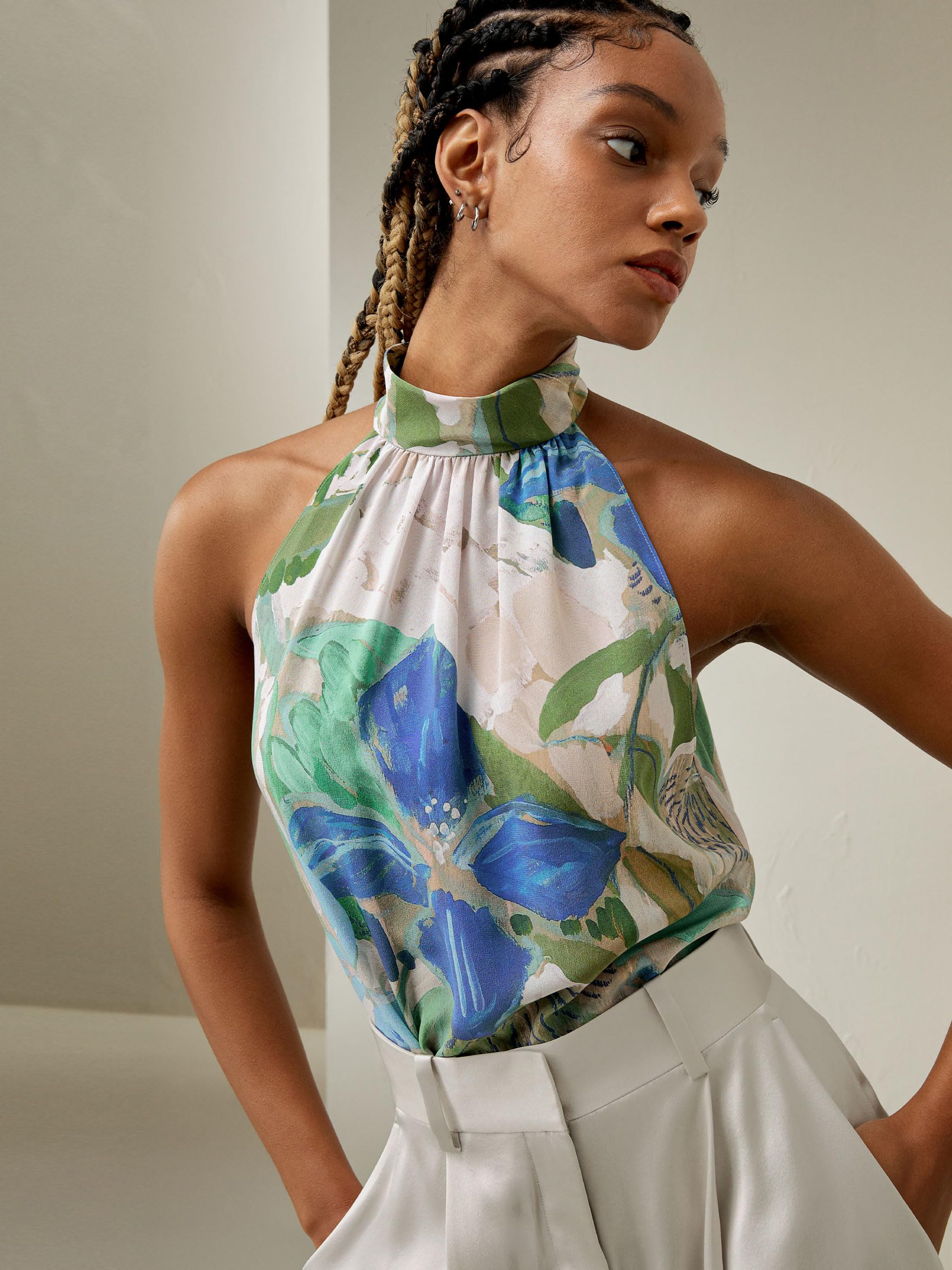 LilySilk Damen Reine Seidenbluse, ärmelloses Halftertop aus Crêpe de Chine mit Blumendruck für Urlaubspartys