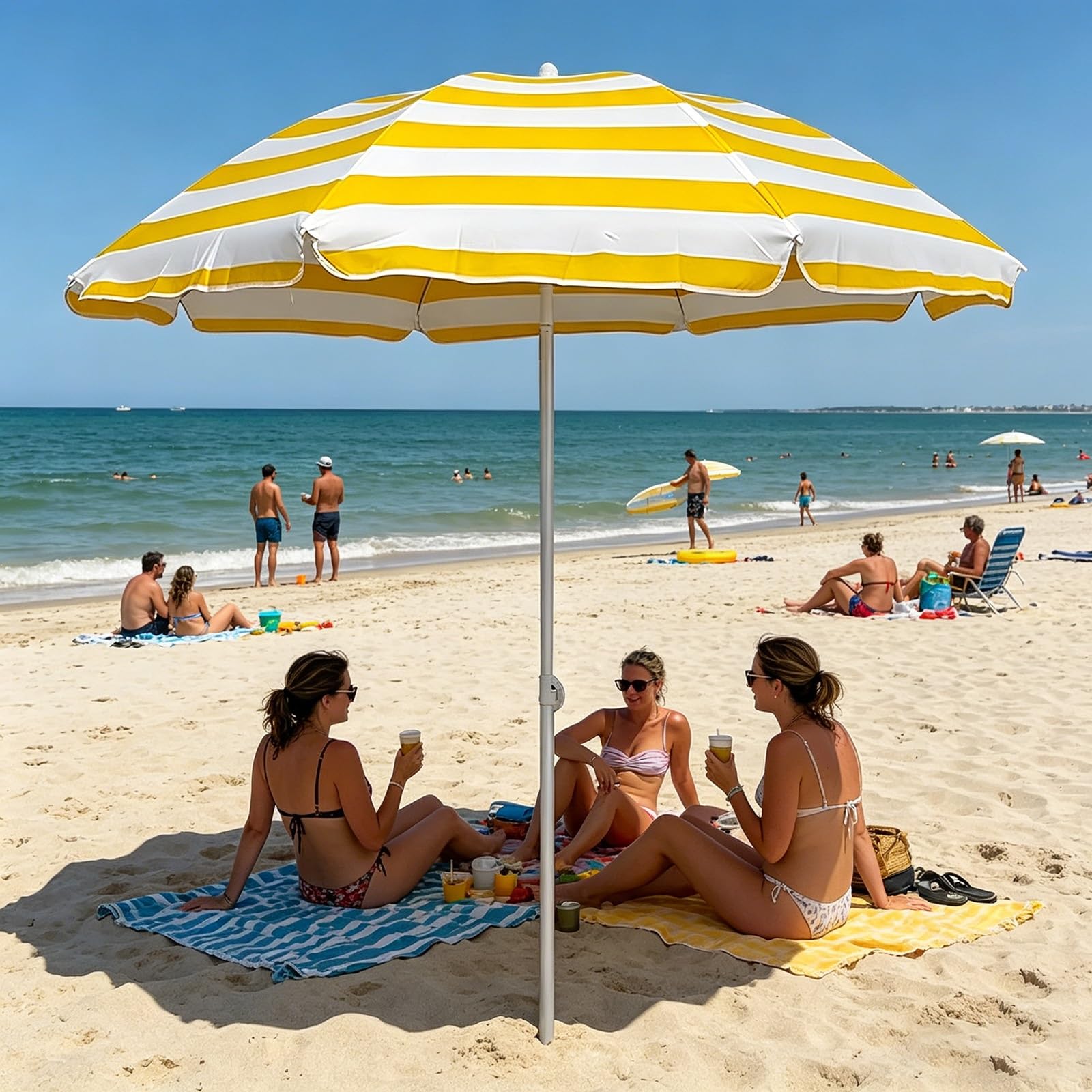 Przenośny Parasol Tarasowy, Parasol Plażowy w Paski, Regulowane Lekkie Małe Parasole Plażowe na Piasek, Regulowana Wysokość, Przeciwsłoneczny Wodoodporny, do Ogrodu, Basenu
