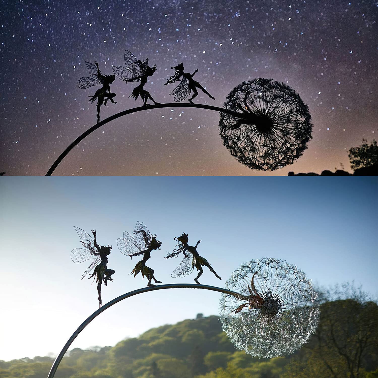 Fée et pissenlit dansent ensemble – Décoration de jardin en métal Fairy Bloom Décoration de jardin Mythique Jardin de fées Figurine de fées Pixies (A)